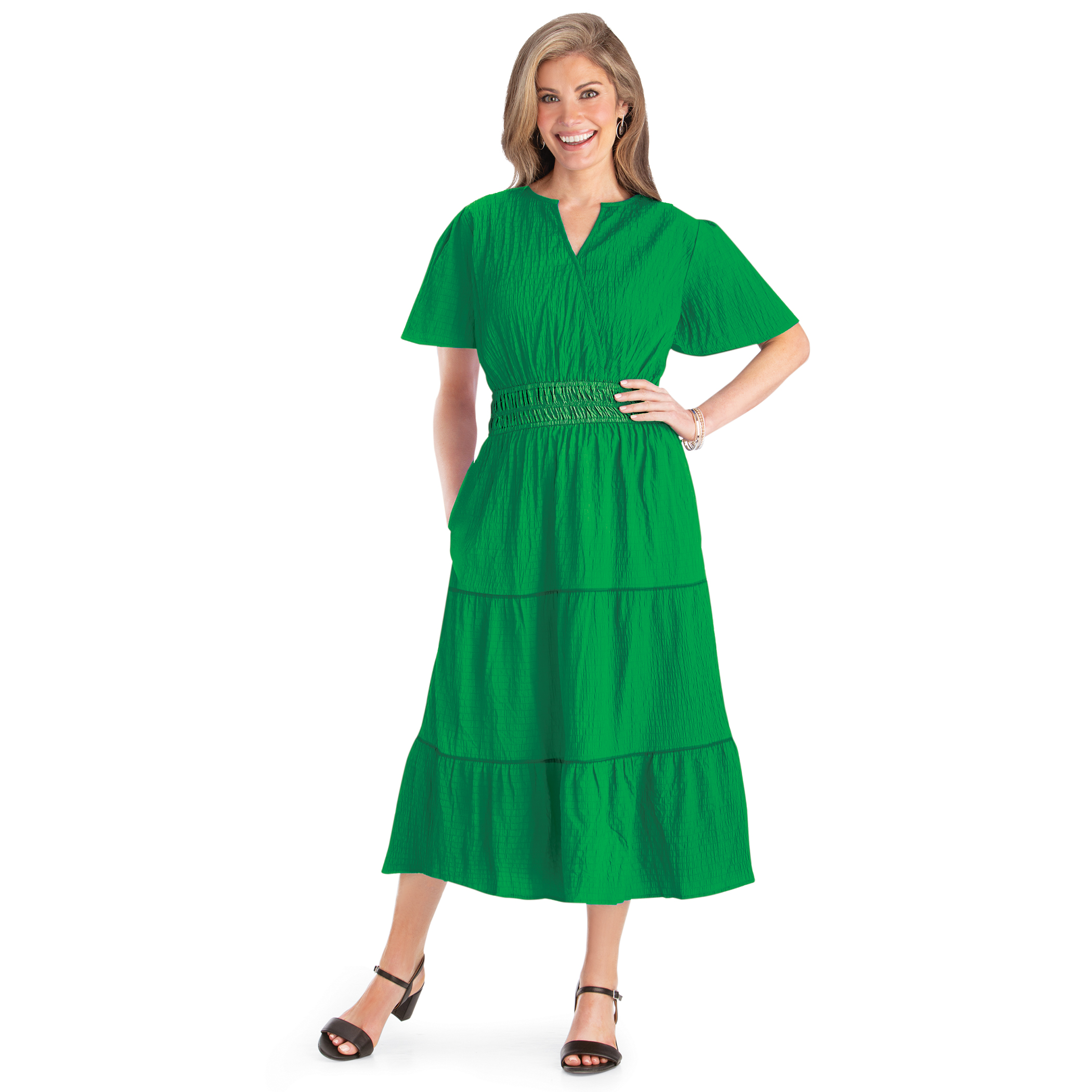 Faux Wrap V-Neckline Short-Sleeve Dress with Pockets Large Emerald
