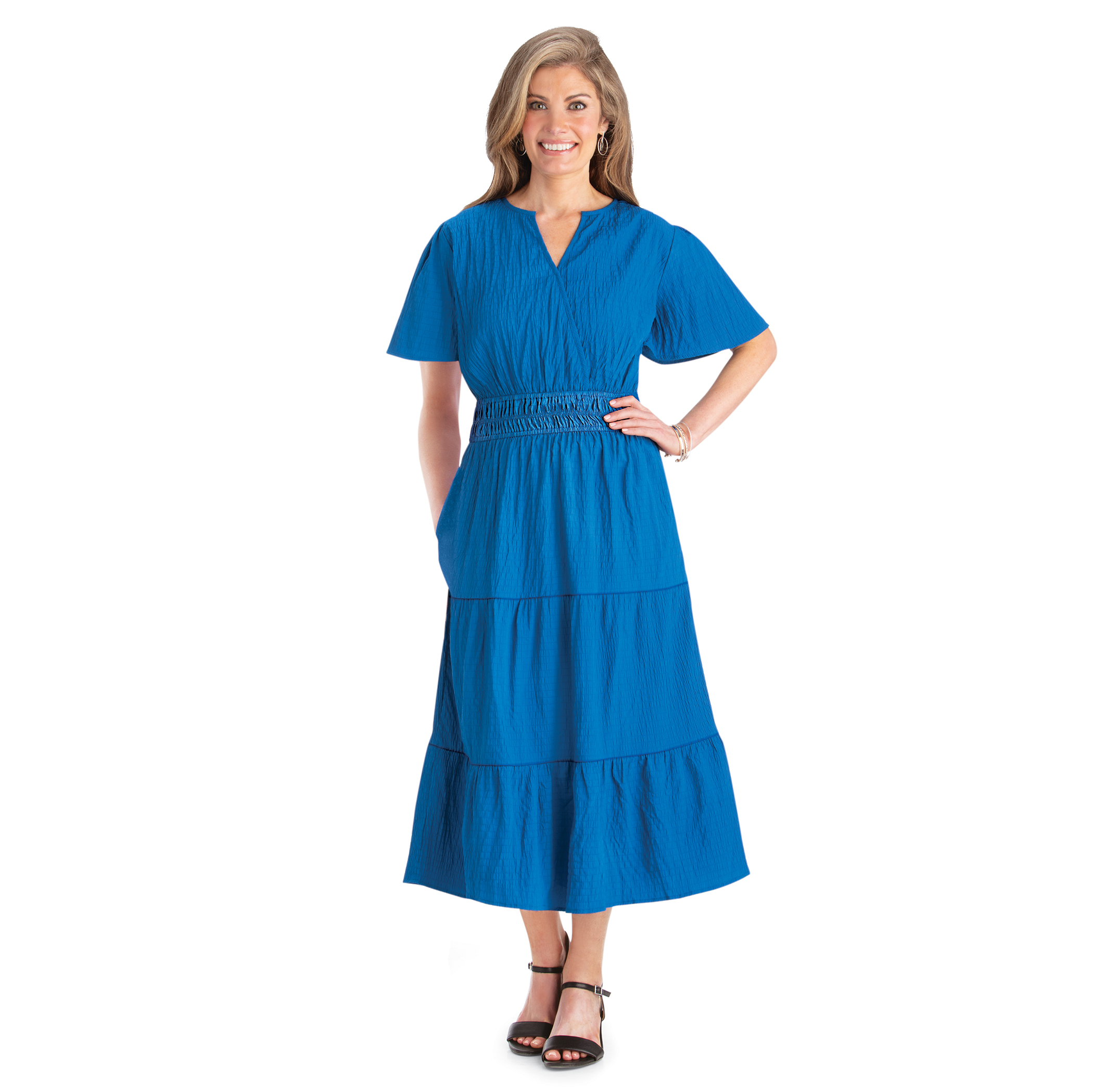 Faux Wrap V-Neckline Short-Sleeve Dress with Pockets