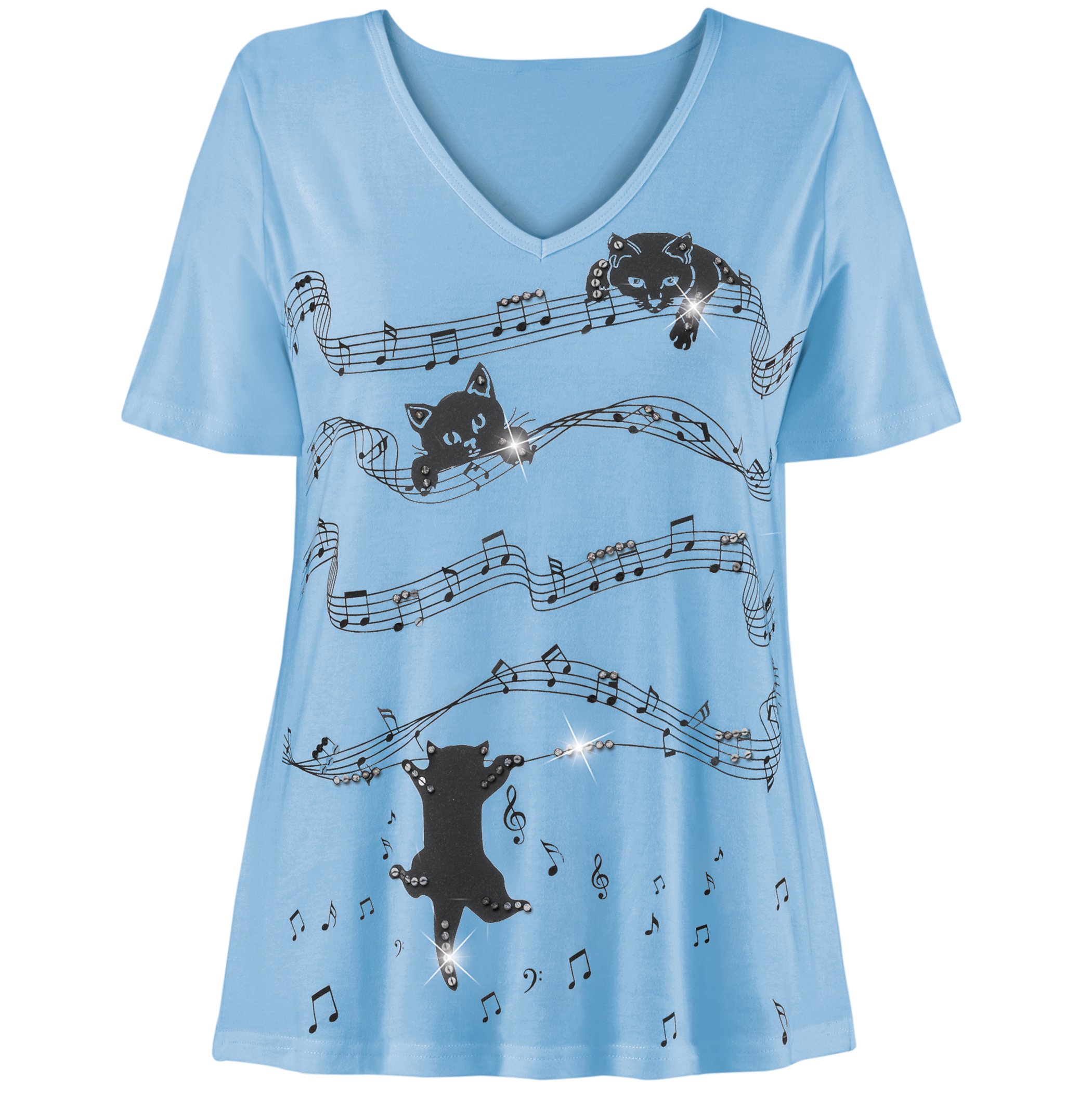 Playful Musical Kittens Short Sleeve V-Neck Top XX-Large Women Light Blue
