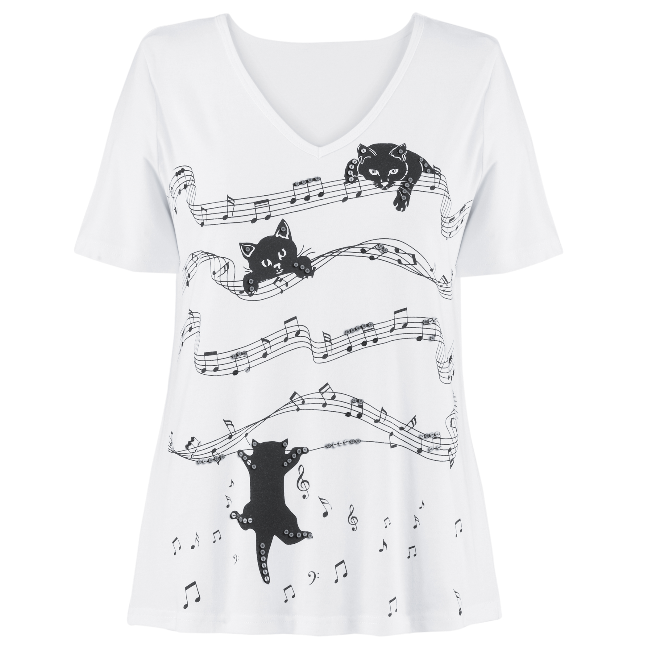 Women's Playful Musical Kittens Short Sleeve V-Neck Top White XX-Large