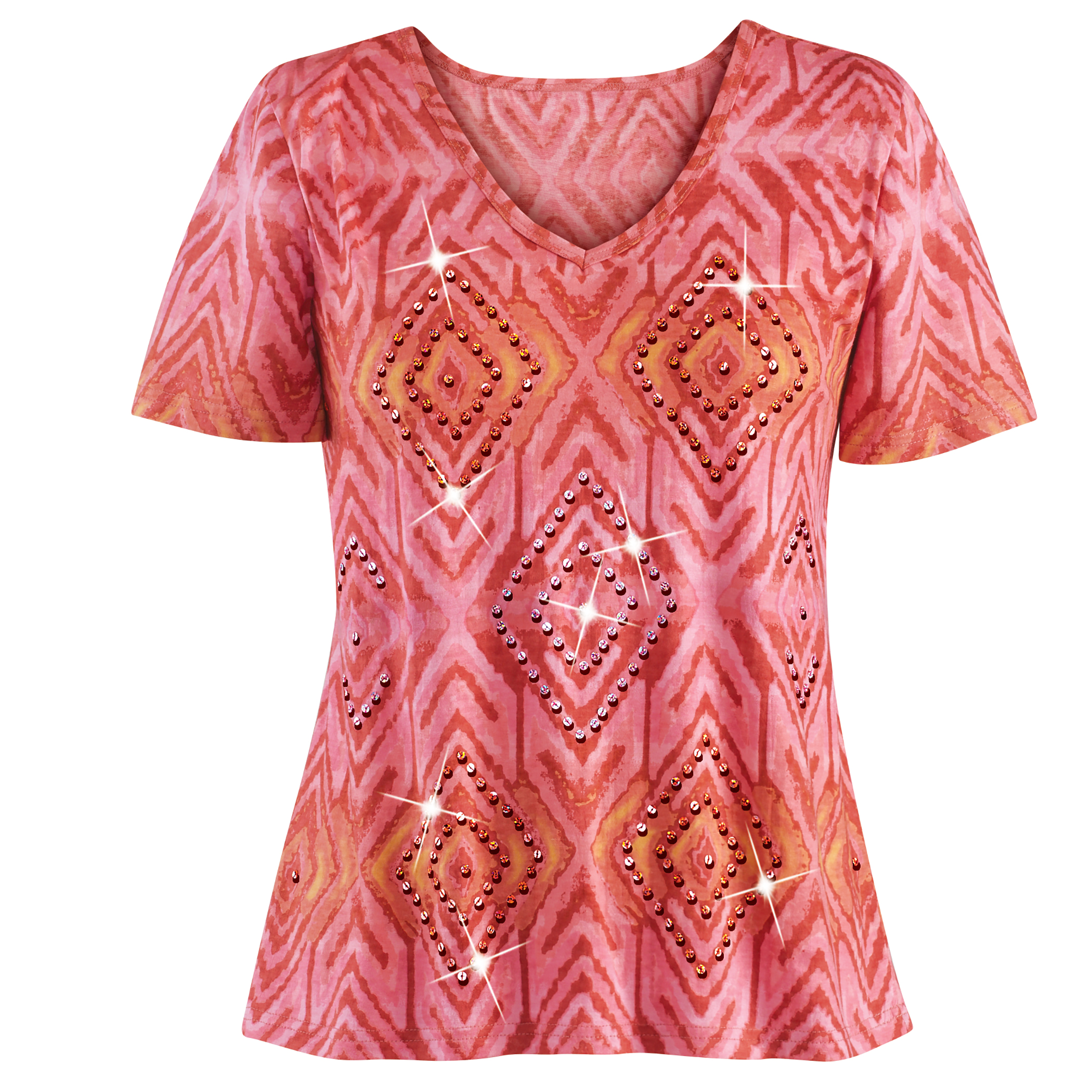 Women's Ombre Diamond Pattern Sequin Accent Short Sleeve Top Coral XX-Large
