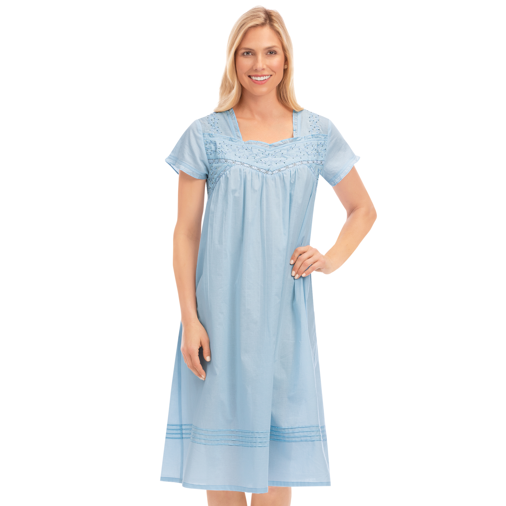 Embroidered Short Sleeve Ruffle Trim Nightgown Large Light Blue