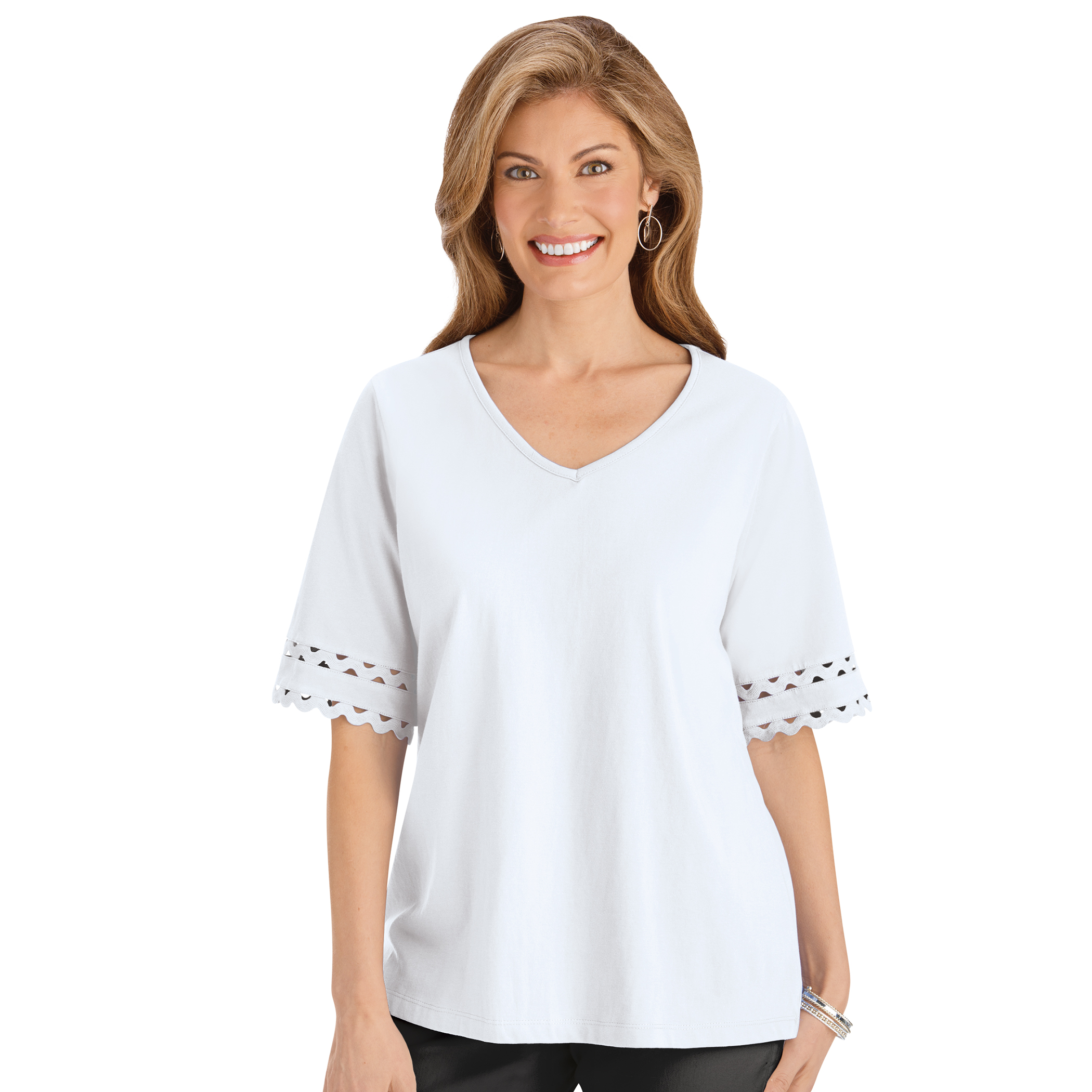 Stylish Zig-Zag Lace Trim V-Neck Top with Elbow-Length Sleeves - Picture 4 of 4