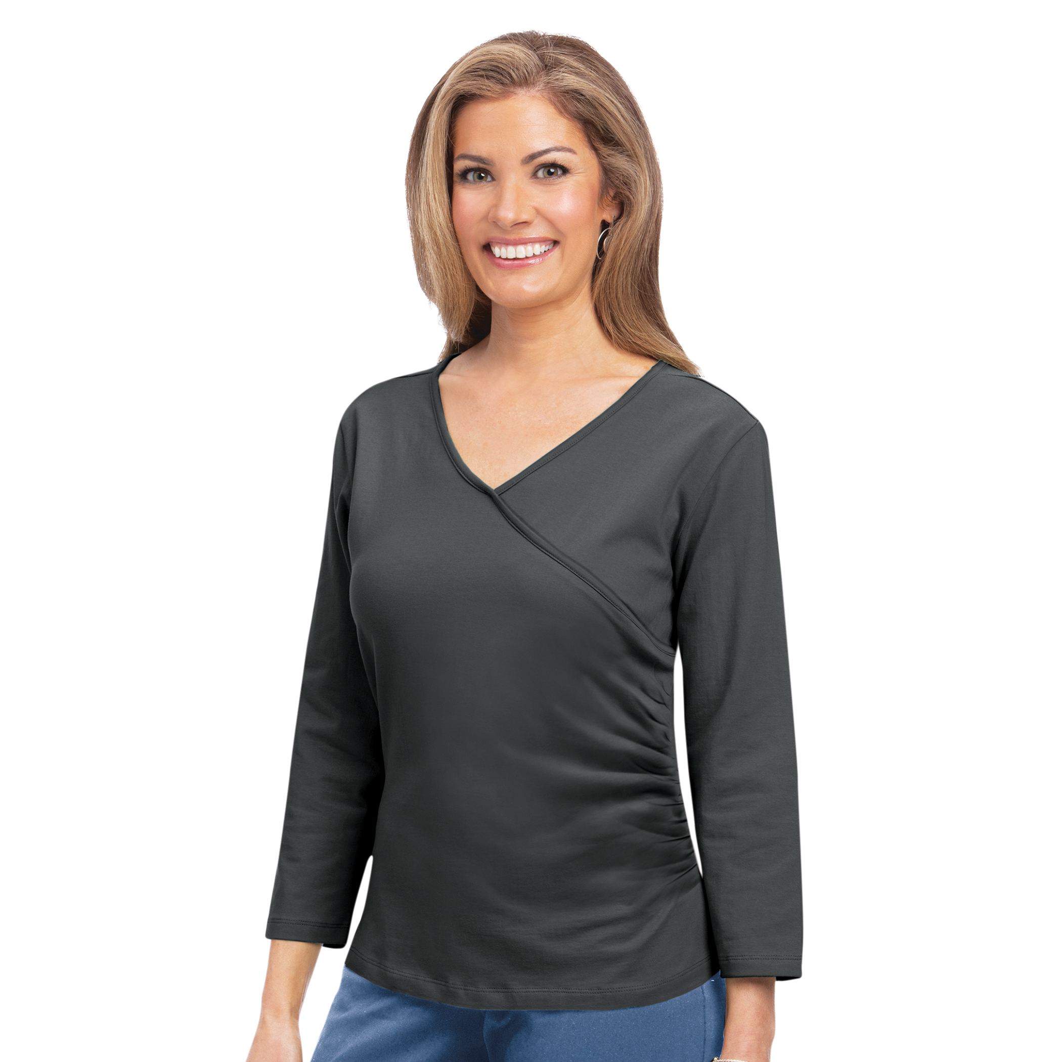 Side Shirred 3/4 Sleeve Surplice Top with V-Neckline