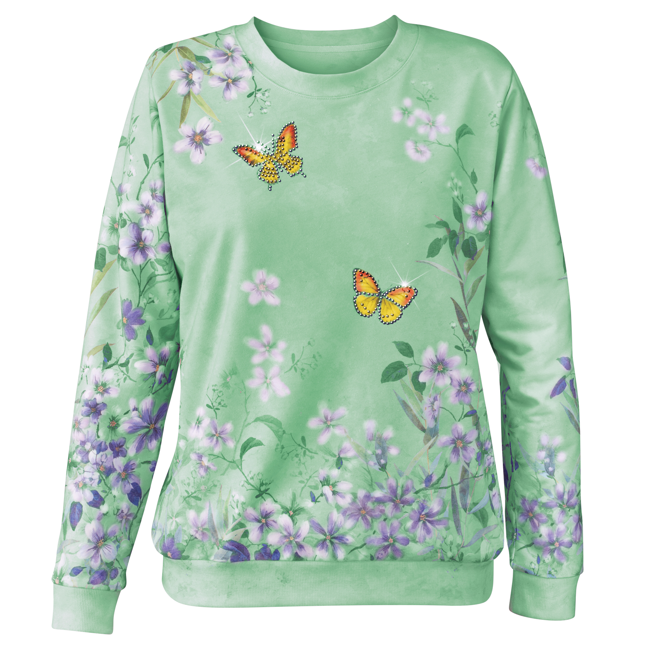 Butterfly Floral Sequin Detailed Soft Knit Sweatshirt Medium Womens Sage