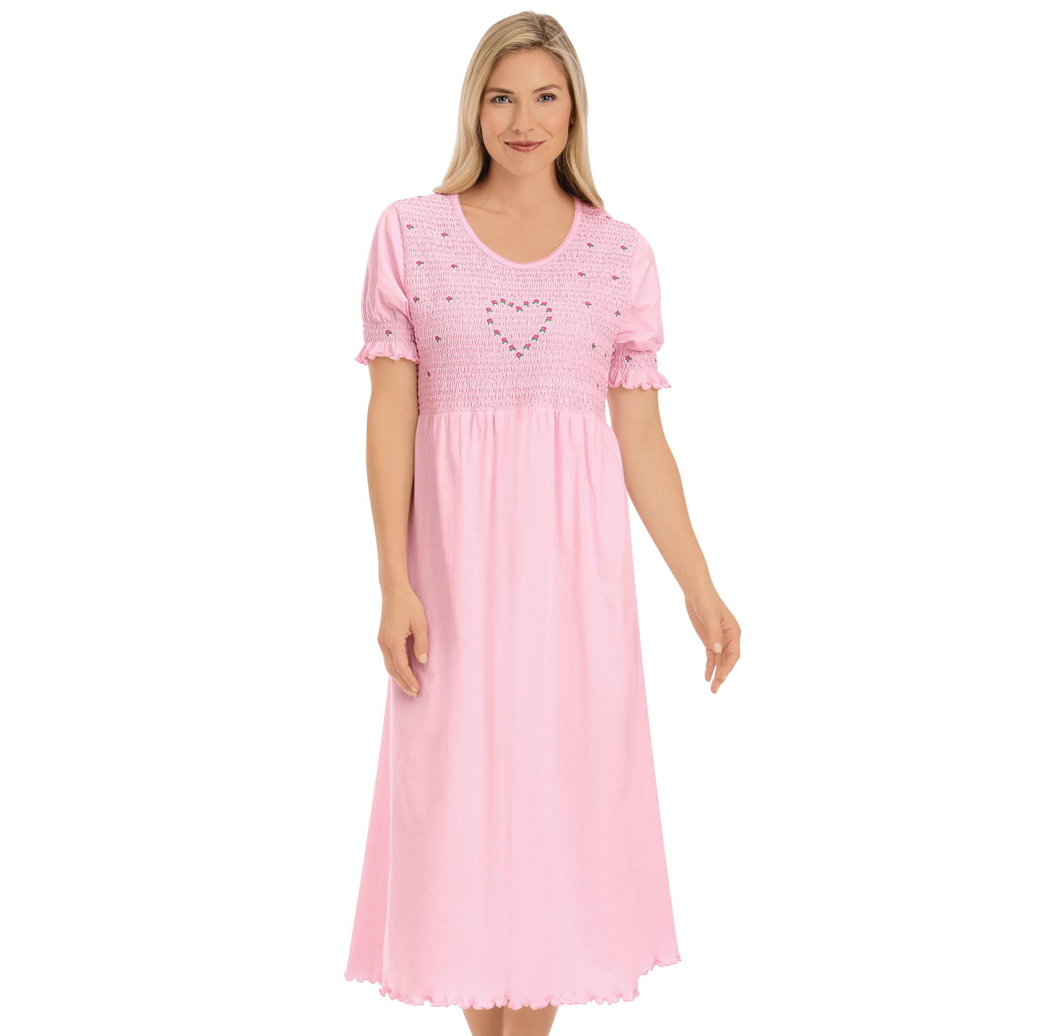 Smocked Bust Embroidered Floral Heart Short Sleeve Nightgown Large Pink