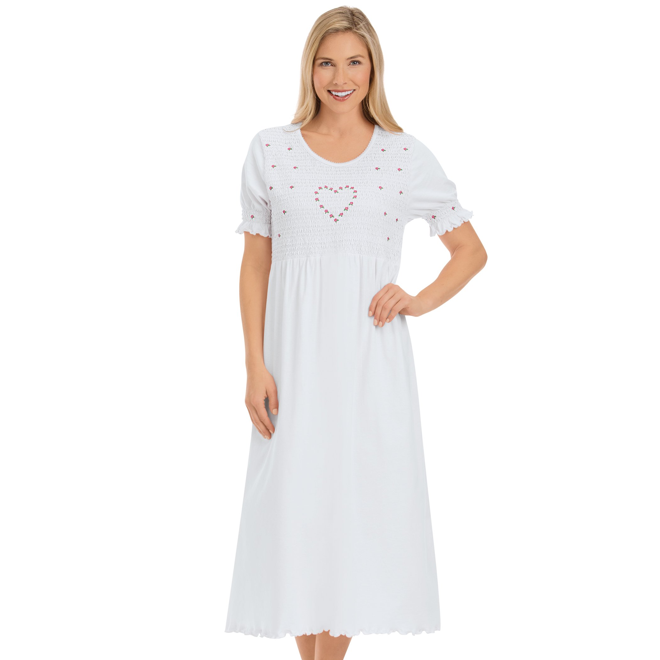Women's Smocked Bust Embroidered Floral Heart Short Sleeve Nightgown White XX-Large