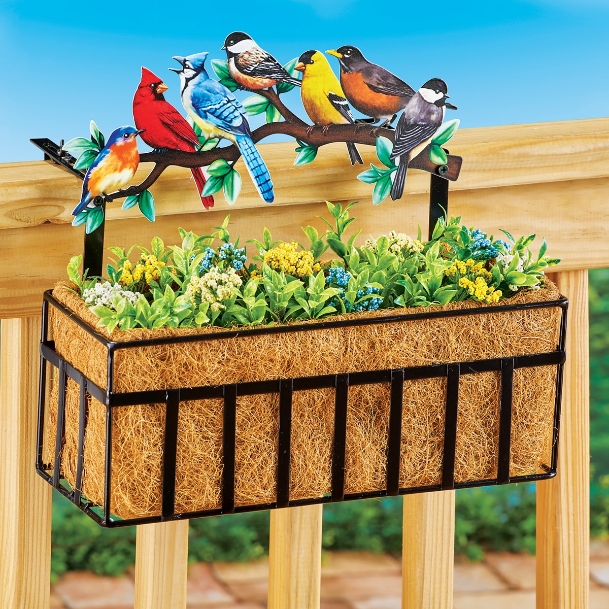 Songbirds Iron Metal Deck Rail Planter with Coco Basket for Flowers