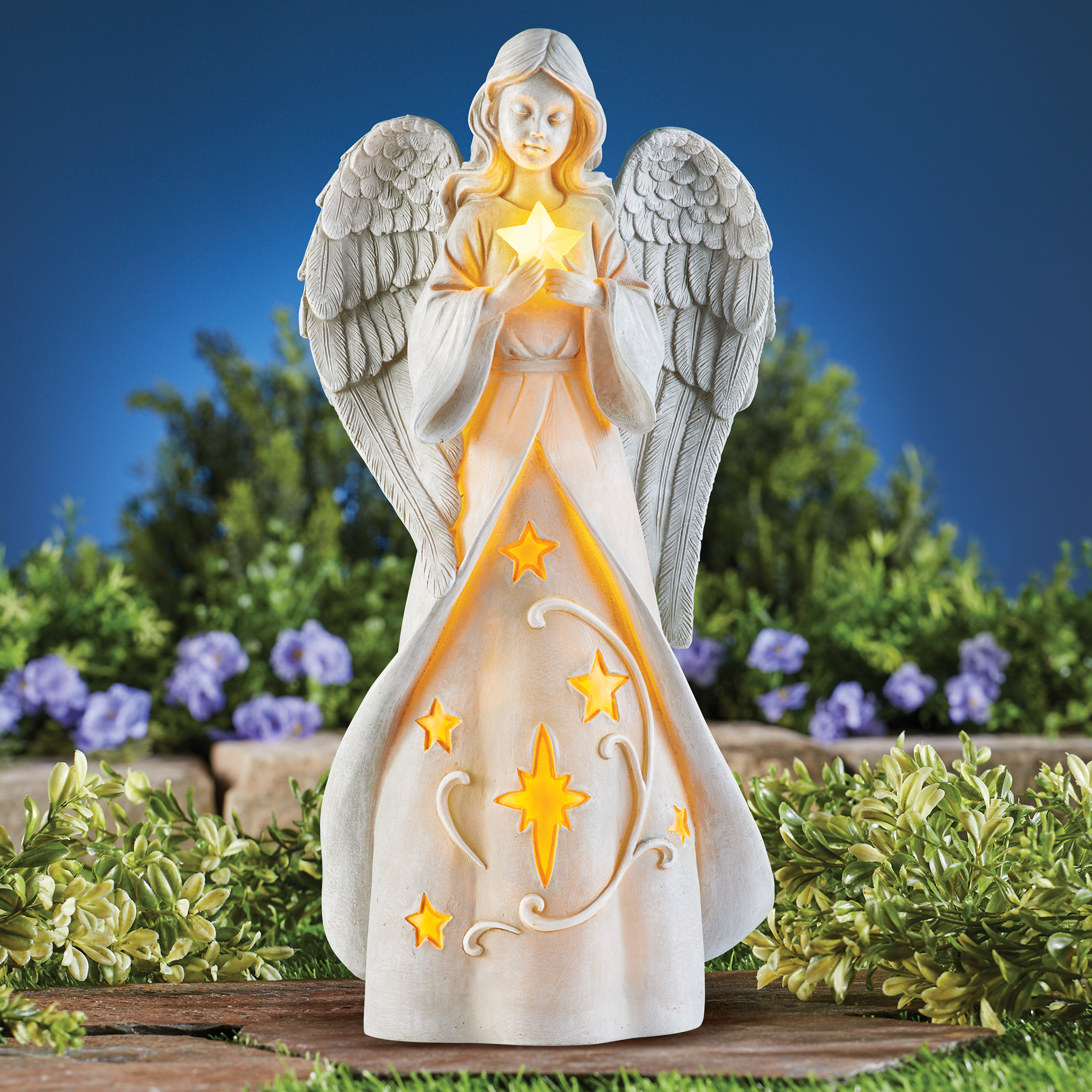 Angel with Solar Powered Star Outdoor Garden Statue | Collections Etc.