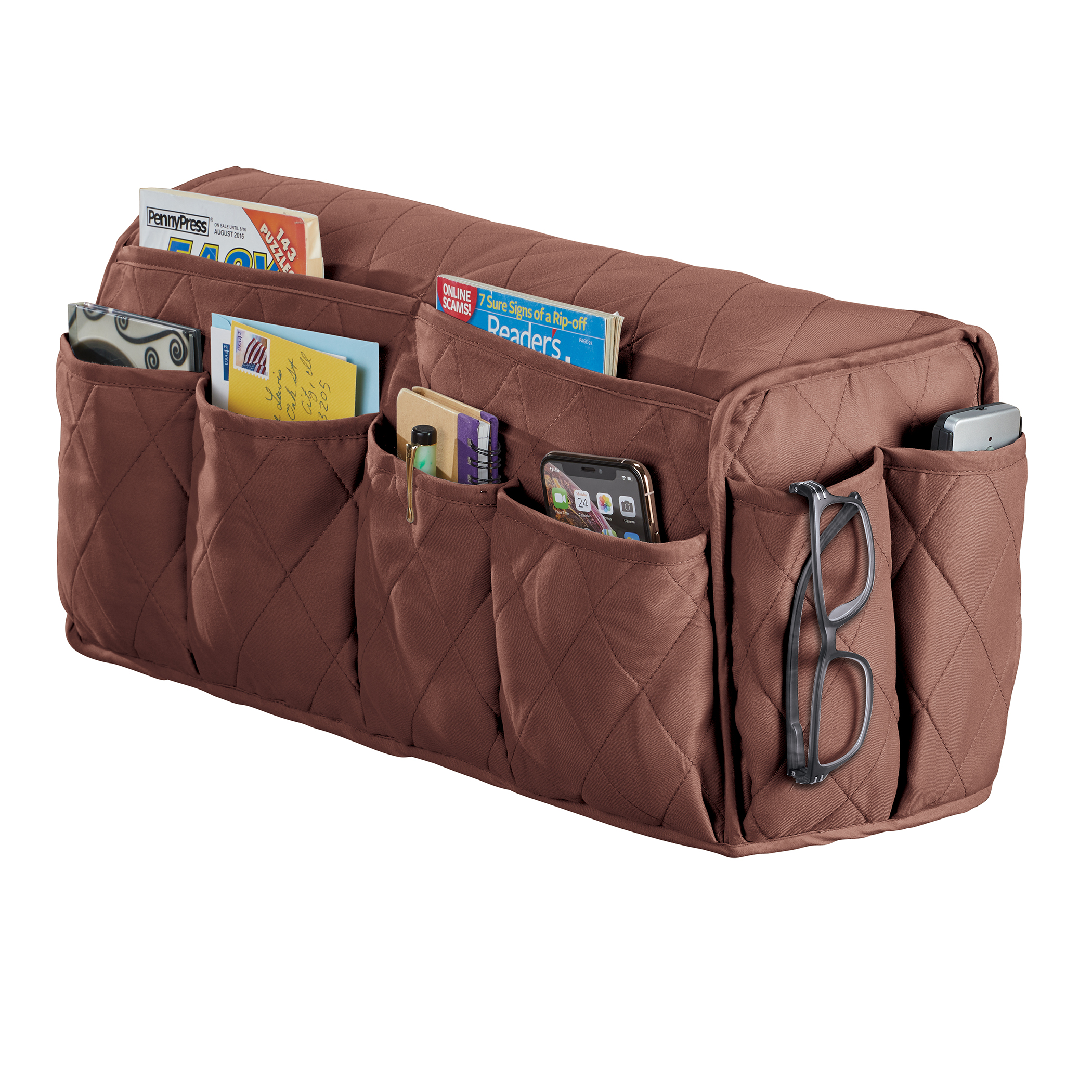 Quilted Multi-Pocket Armrest Organizer Chocolate NO SIZE