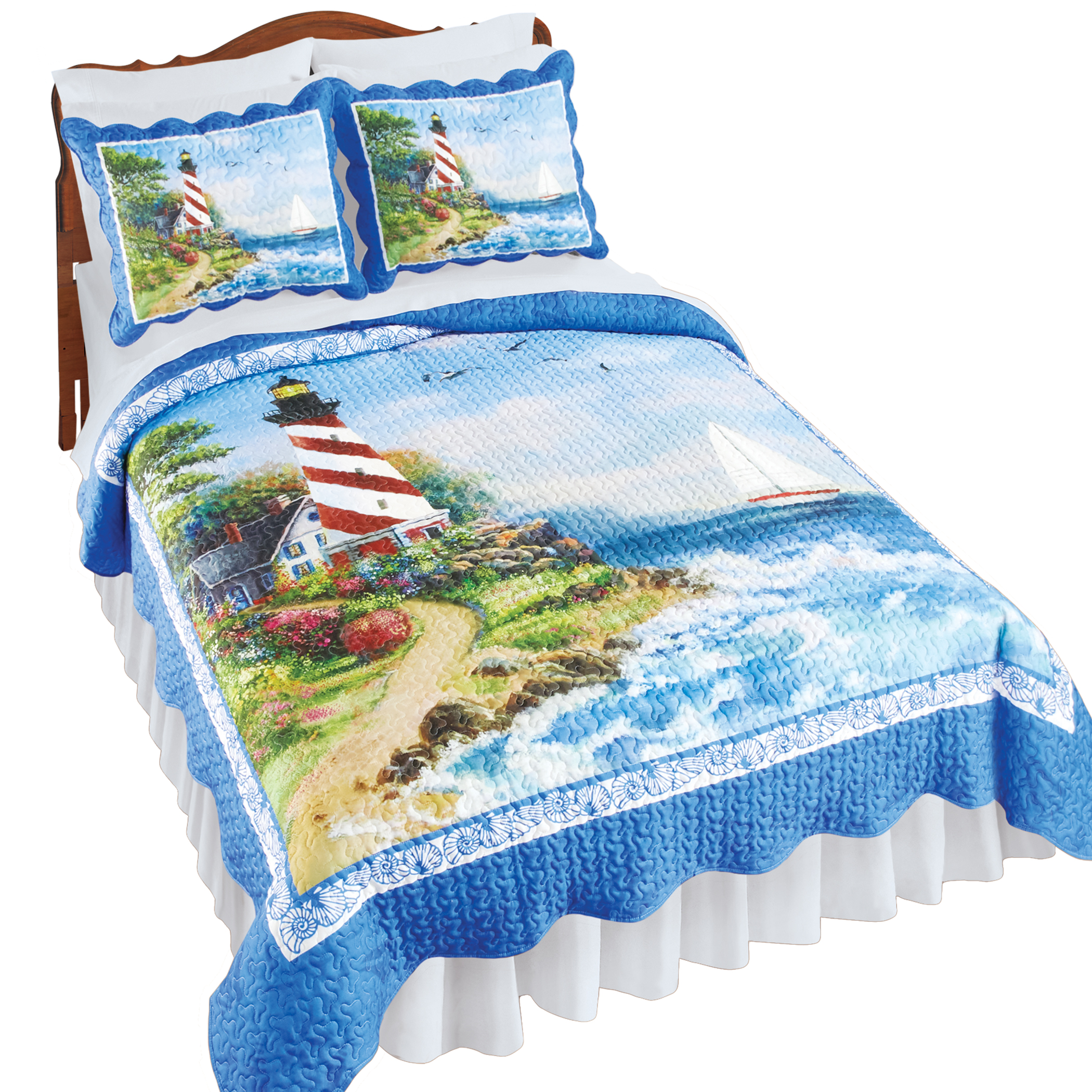 Lighthouse Scene Coastal Scalloped Edge Quilt