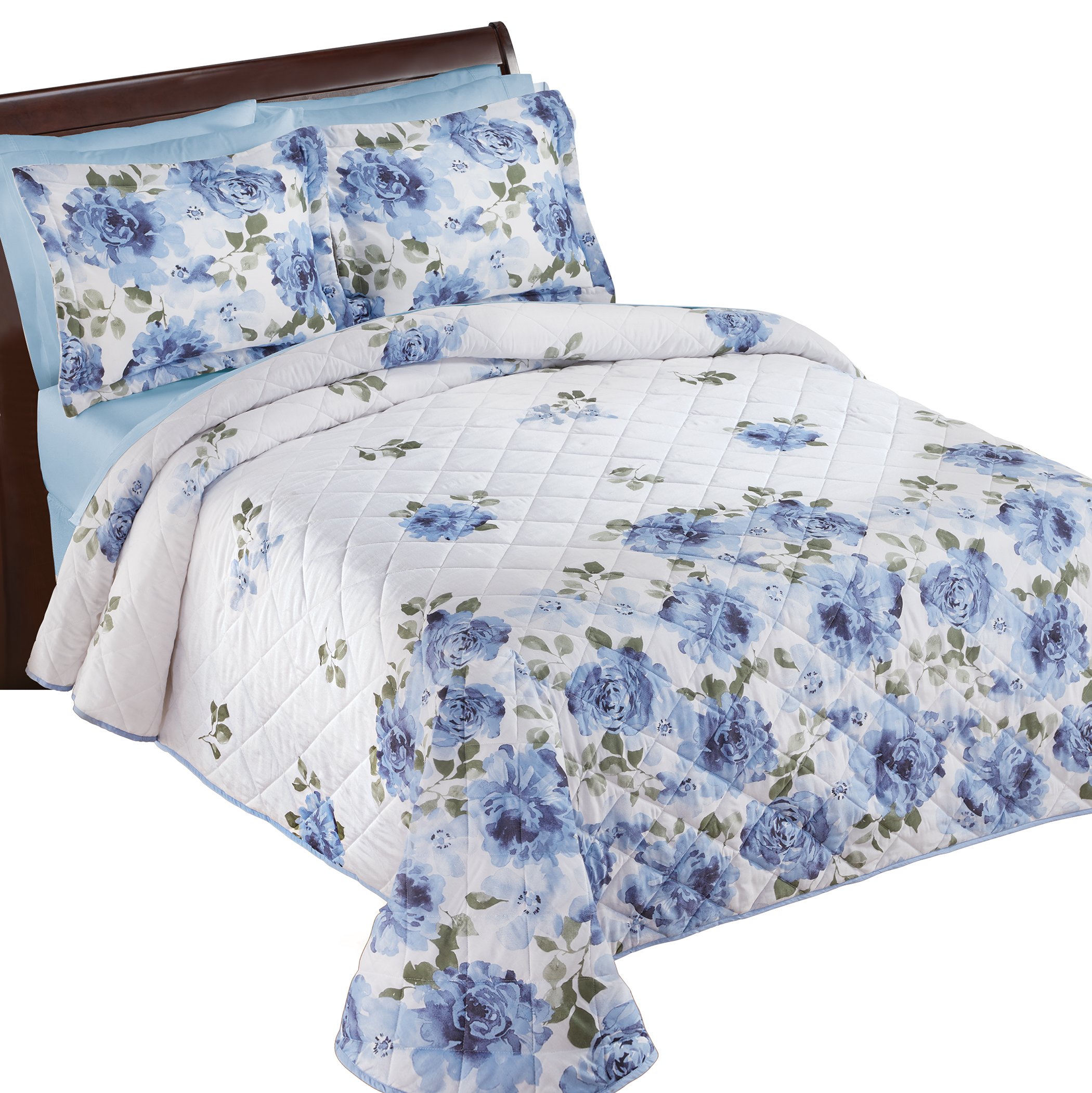Lila Blue Floral Design Quilted Bedspread Blue Full