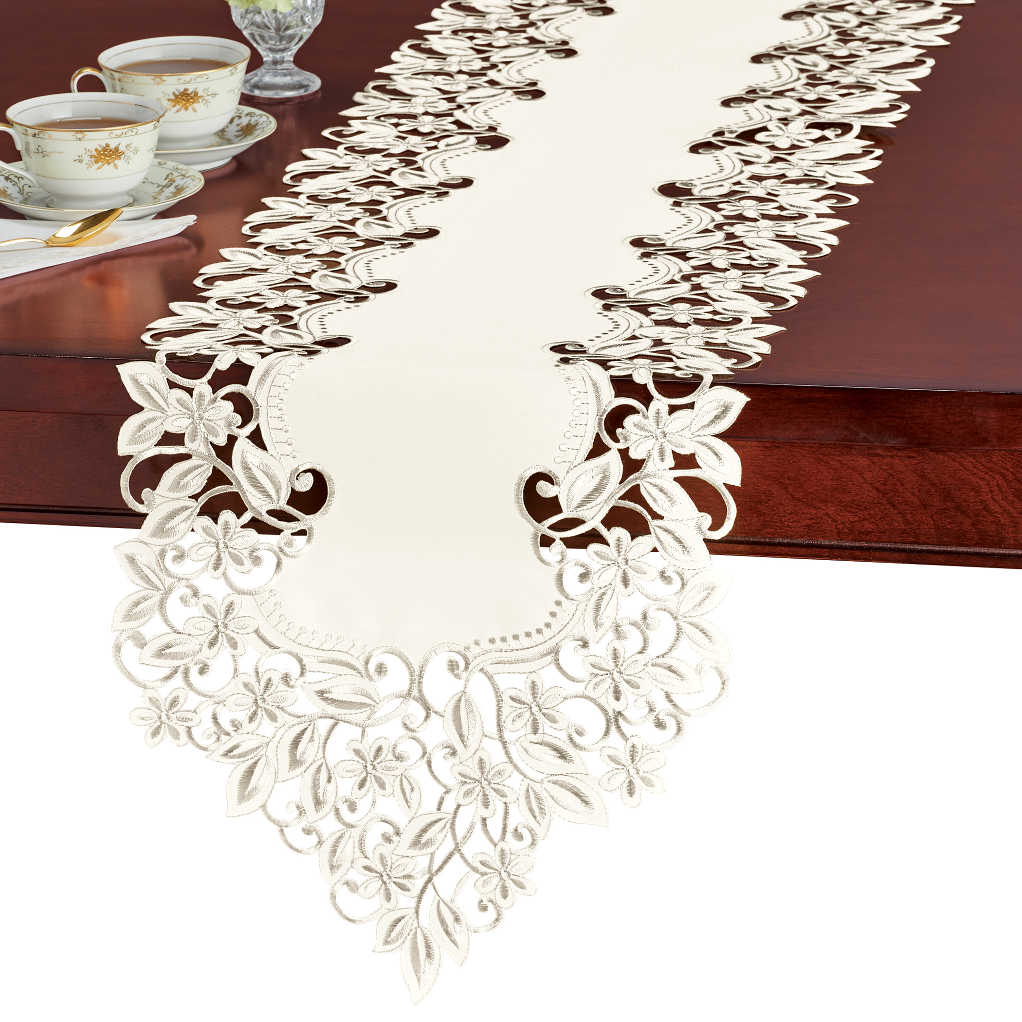 Trailing Vines Embroidered Intricate Cutwork Table Linens Cream Runner