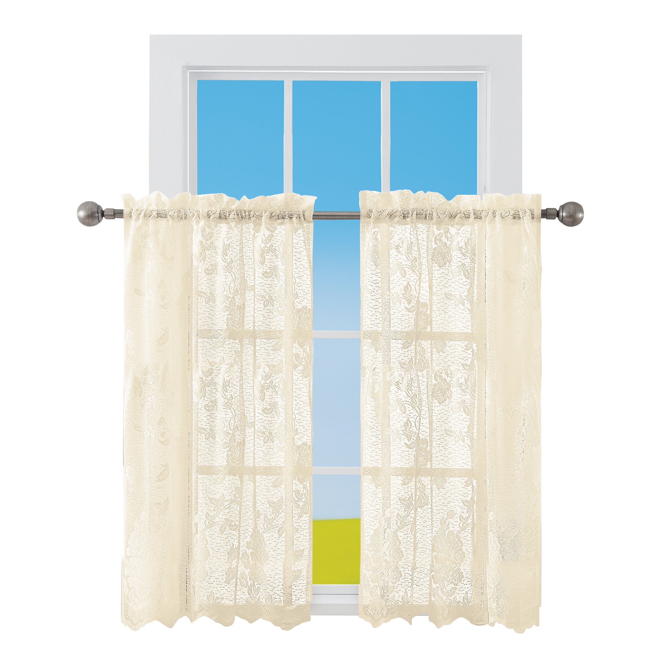 Lacey Floral Lace Design Kitchen Curtains Beige 56" x 36"