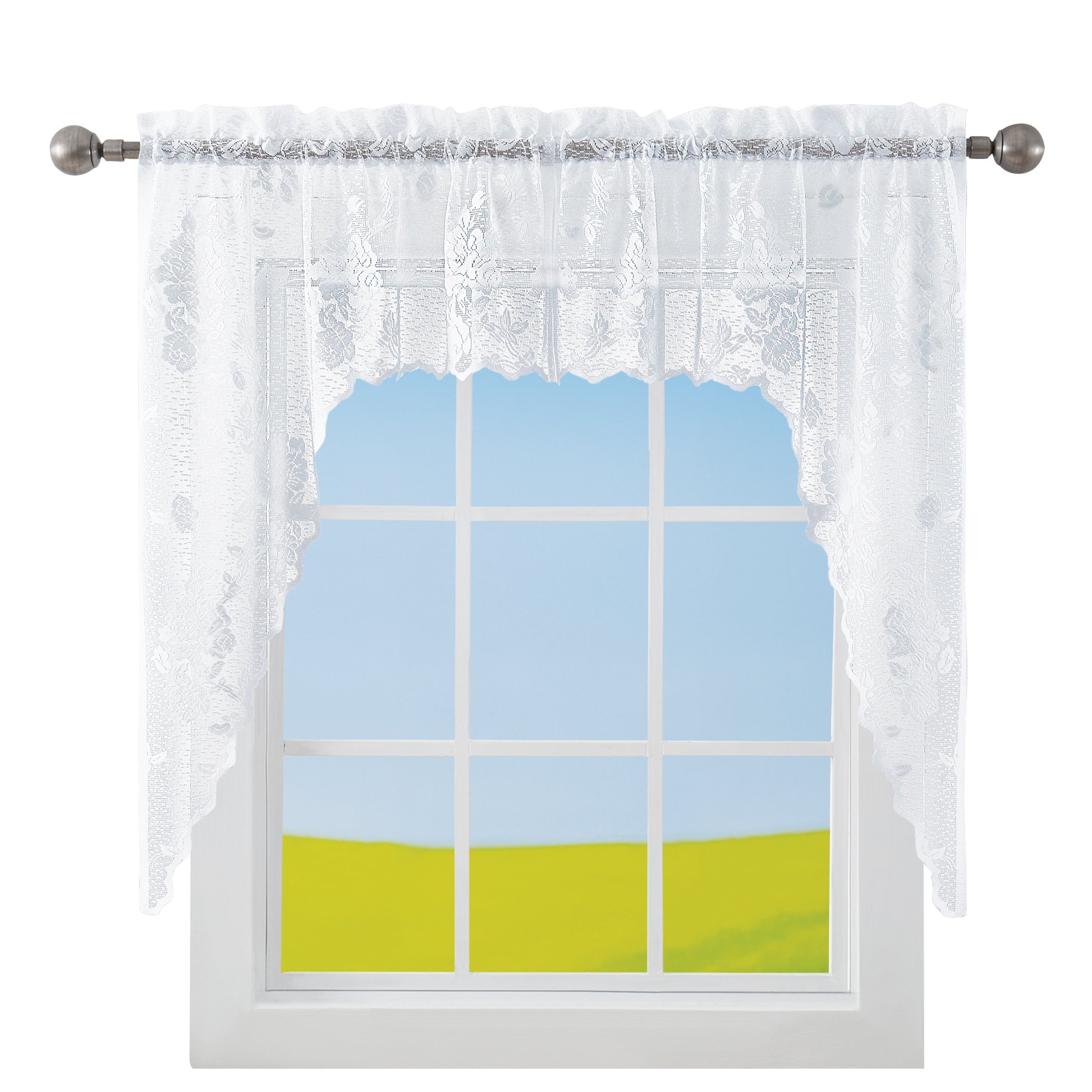 Lacey Floral Lace Design Kitchen Curtains Swags White