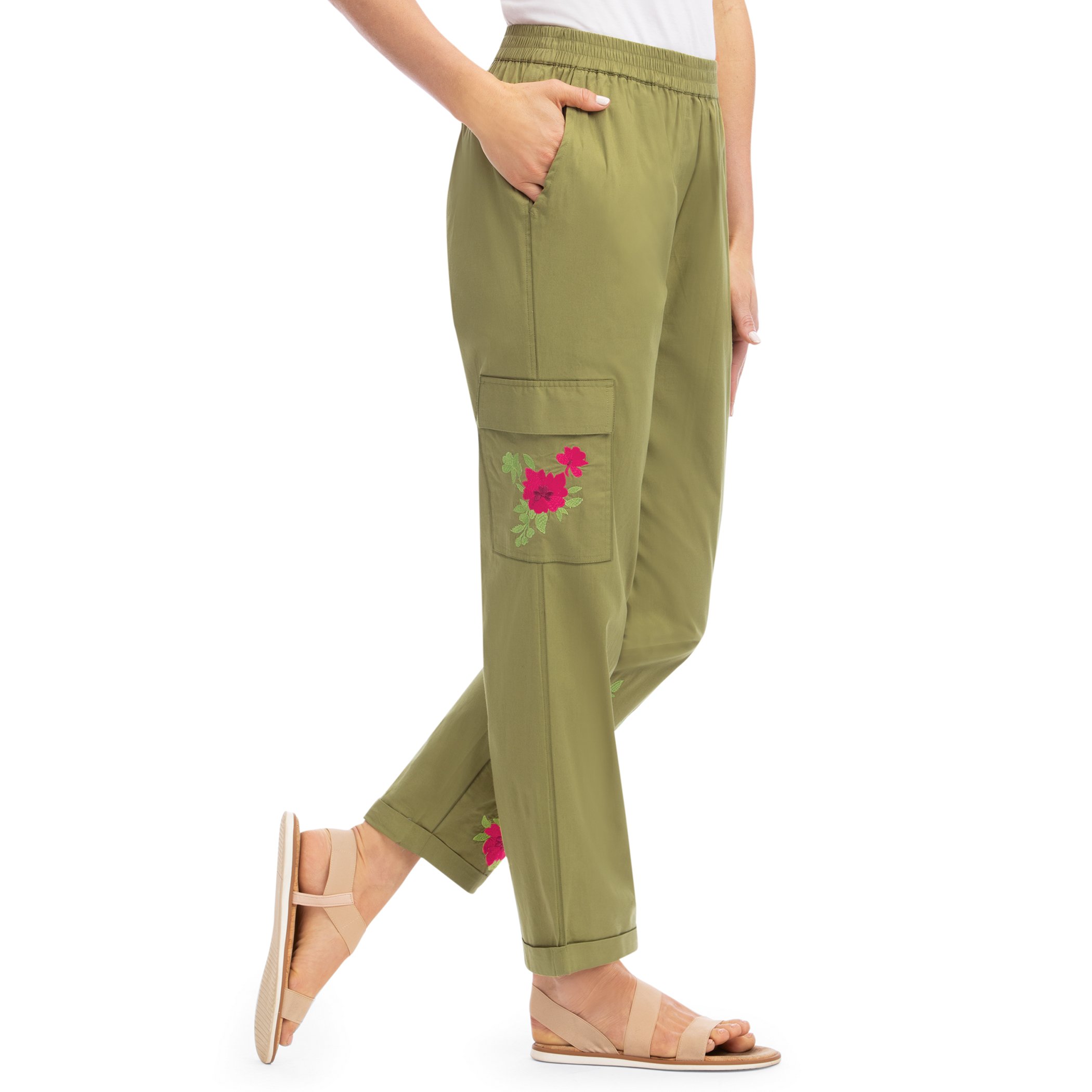 Women's Floral Embroidered Cargo Pocket Elasticized Waist Pants Sage XX-Large