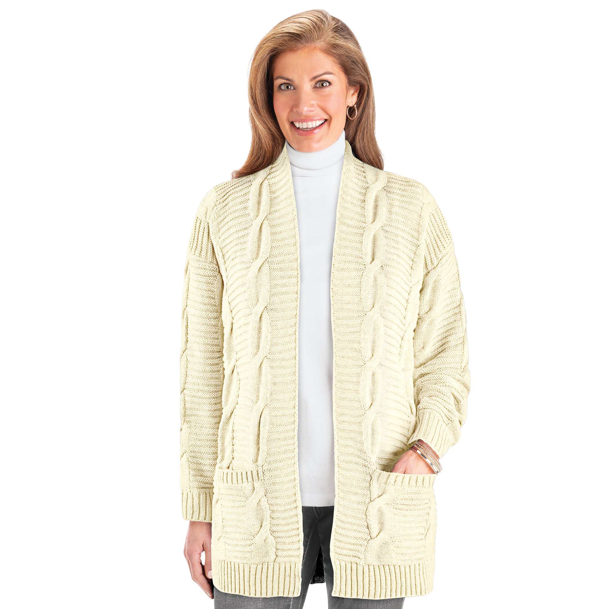 Cozy Cable Knit Patch Pockets Long Sleeve Cardigan