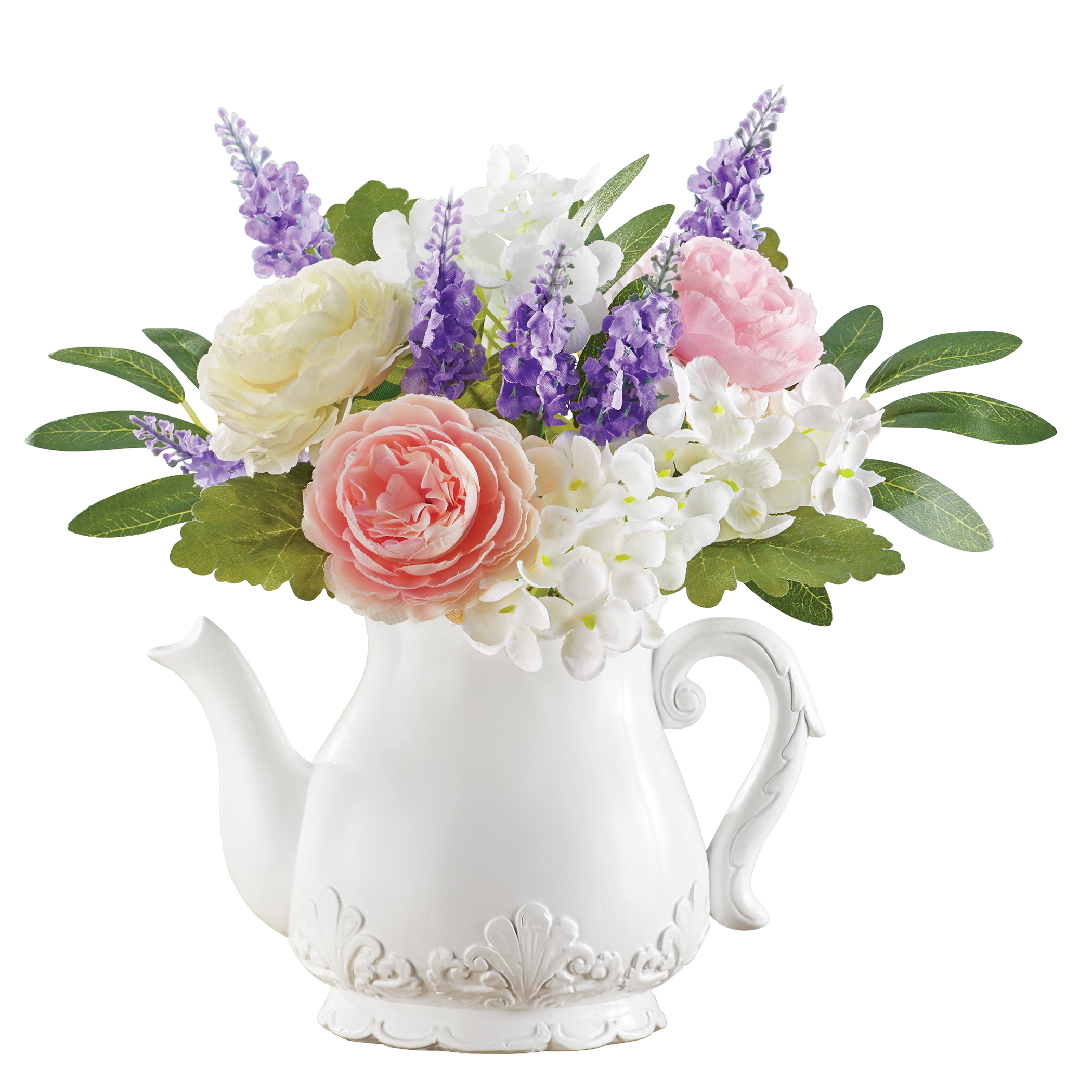 Ceramic White Teapot Floral Arrangement Centerpiece 10.5 X 9 X 11