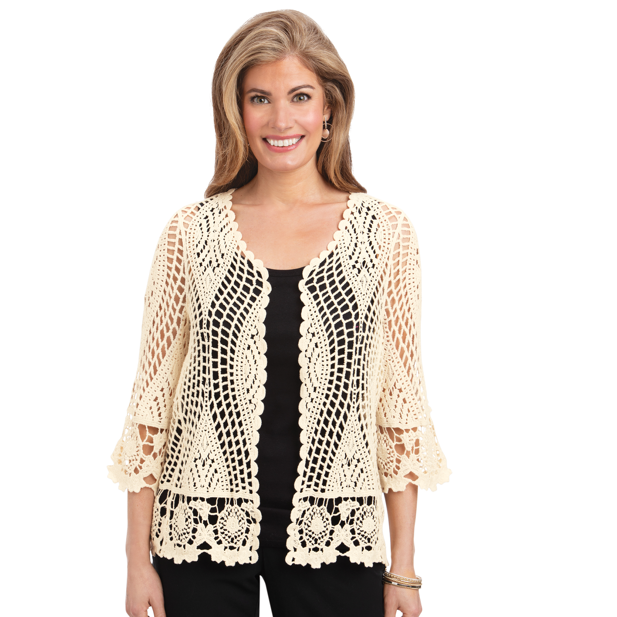 Women's Scalloped Crochet and Floral Lace Pattern Open-Front Cardigan Natural Medium/Large