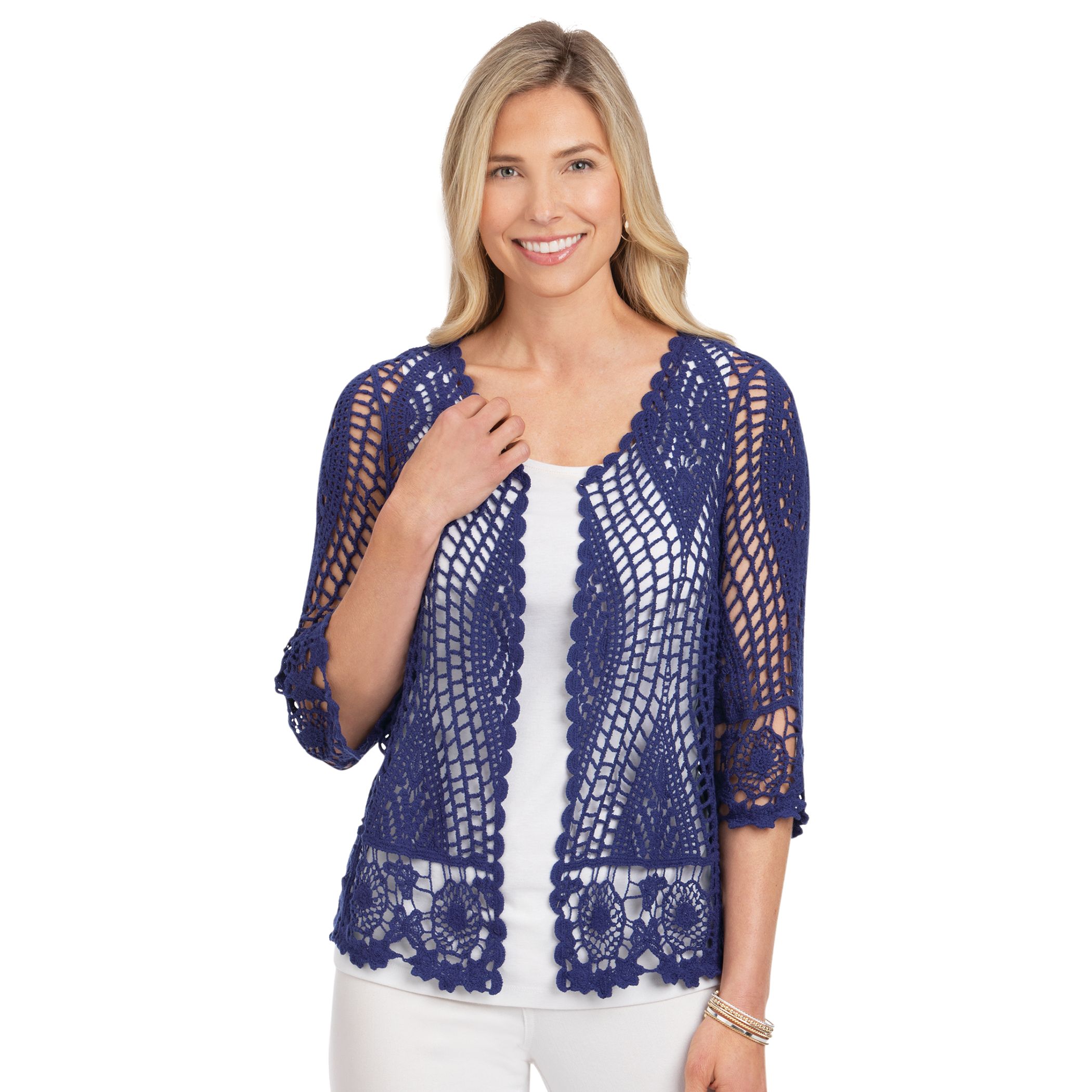 Women's Scalloped Crochet and Floral Lace Pattern Open-Front Cardigan Navy Medium/Large