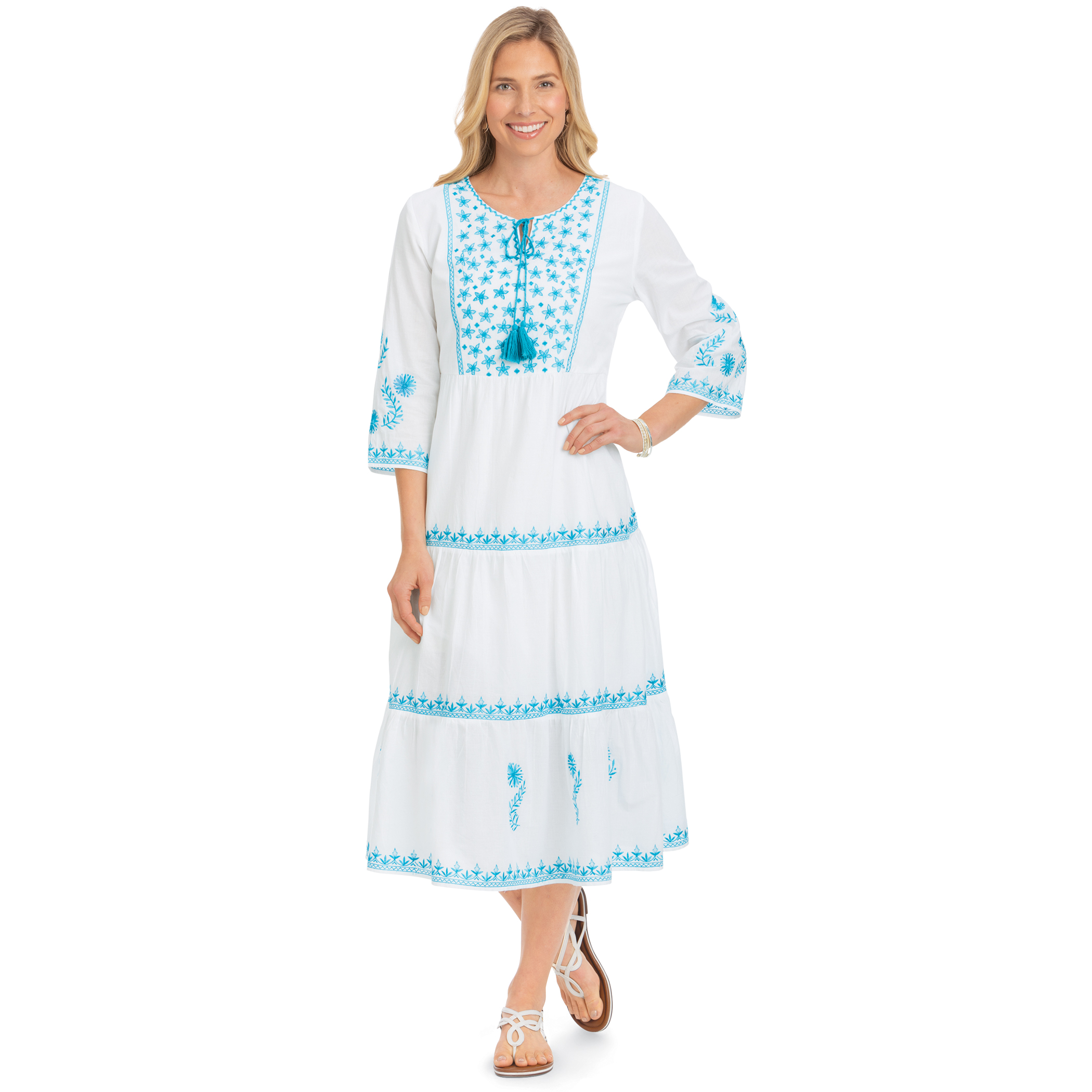 Beautiful Embroidered Scoop Neckline Tiered Dress with 3/4 Sleeves Large White Multi