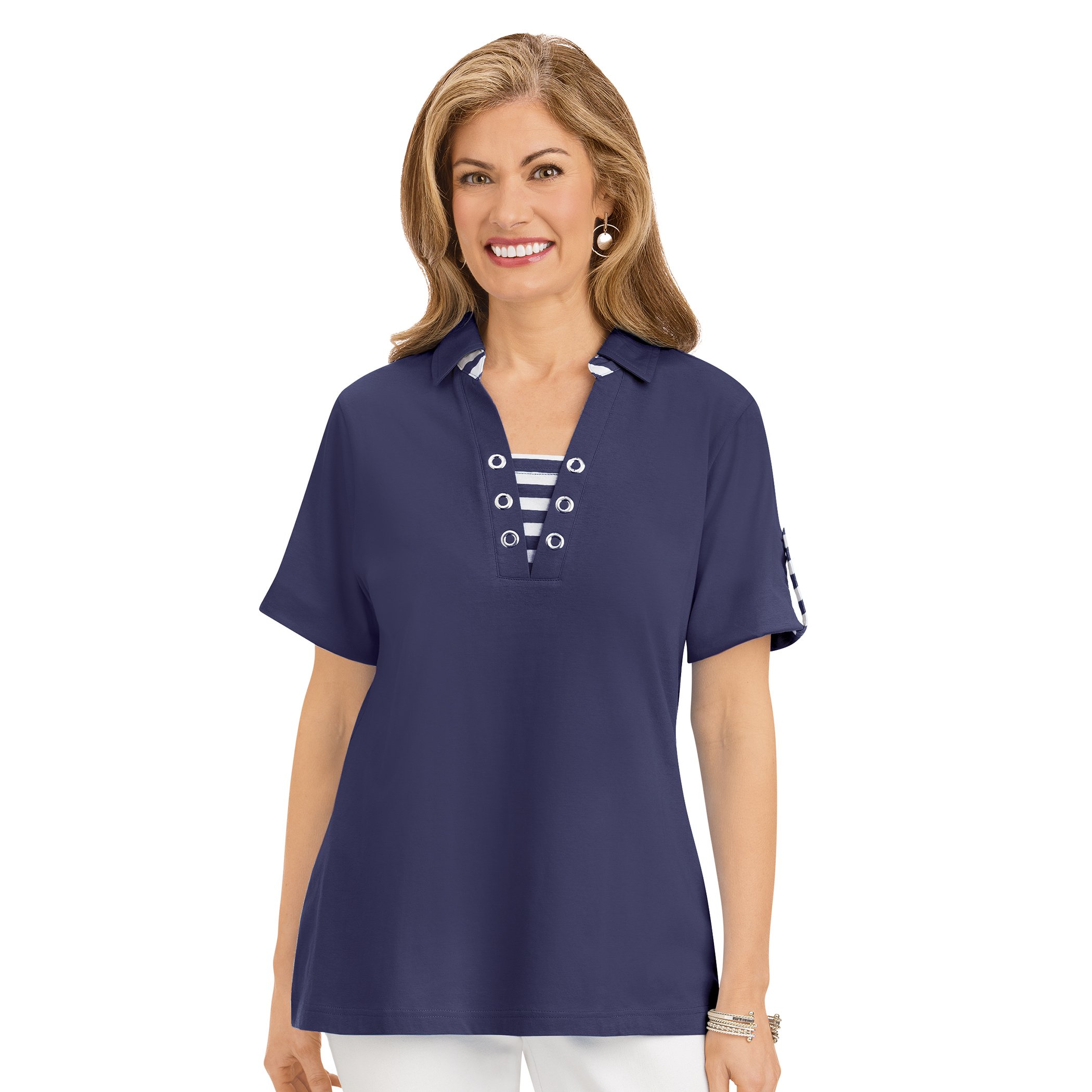 Striped Trimmed Grommet Accent Soft Knit Polo Top XX-Large Womens Navy