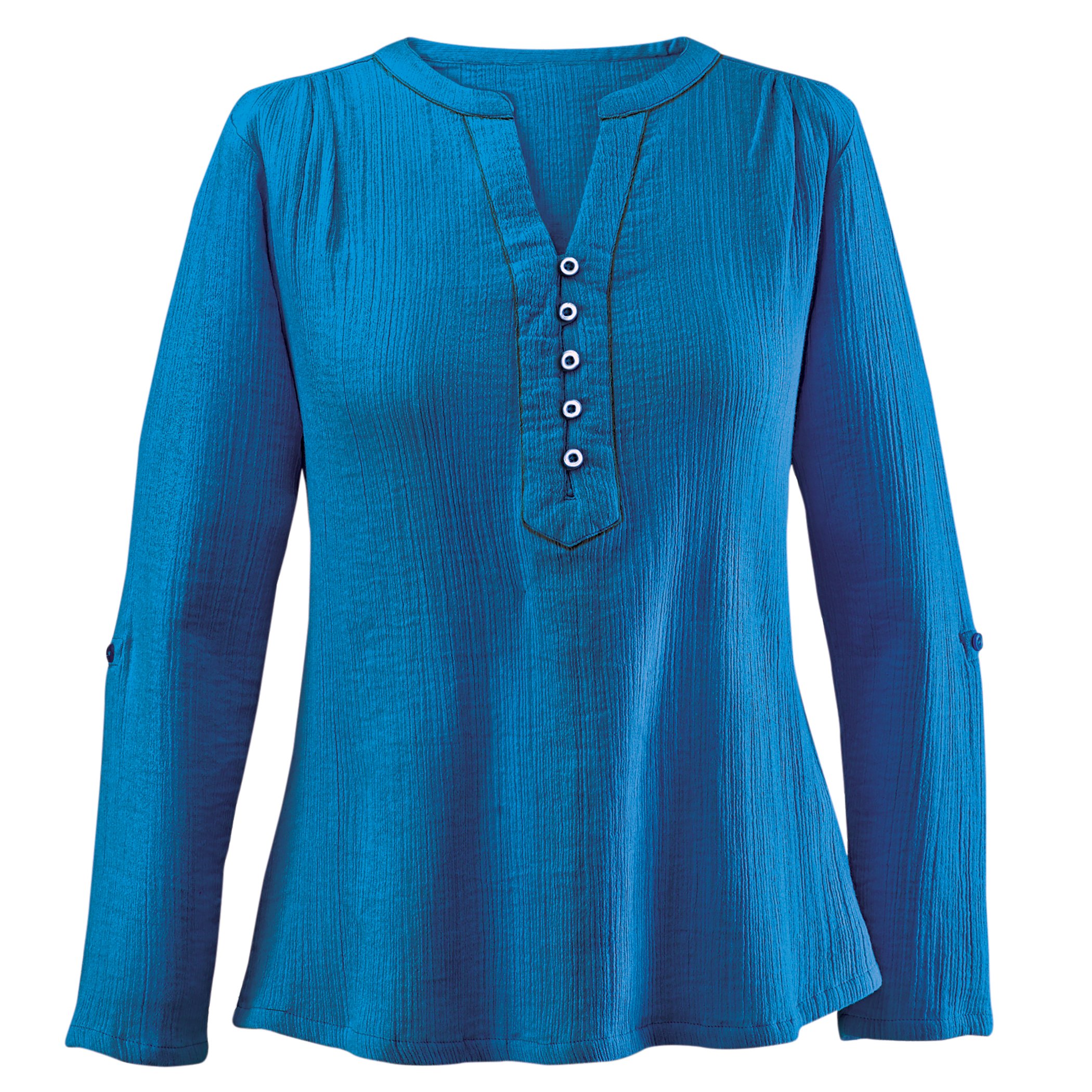 Women's Stylish V-Neck Roll Tab Sleeves Gauze Top Royal Blue Medium