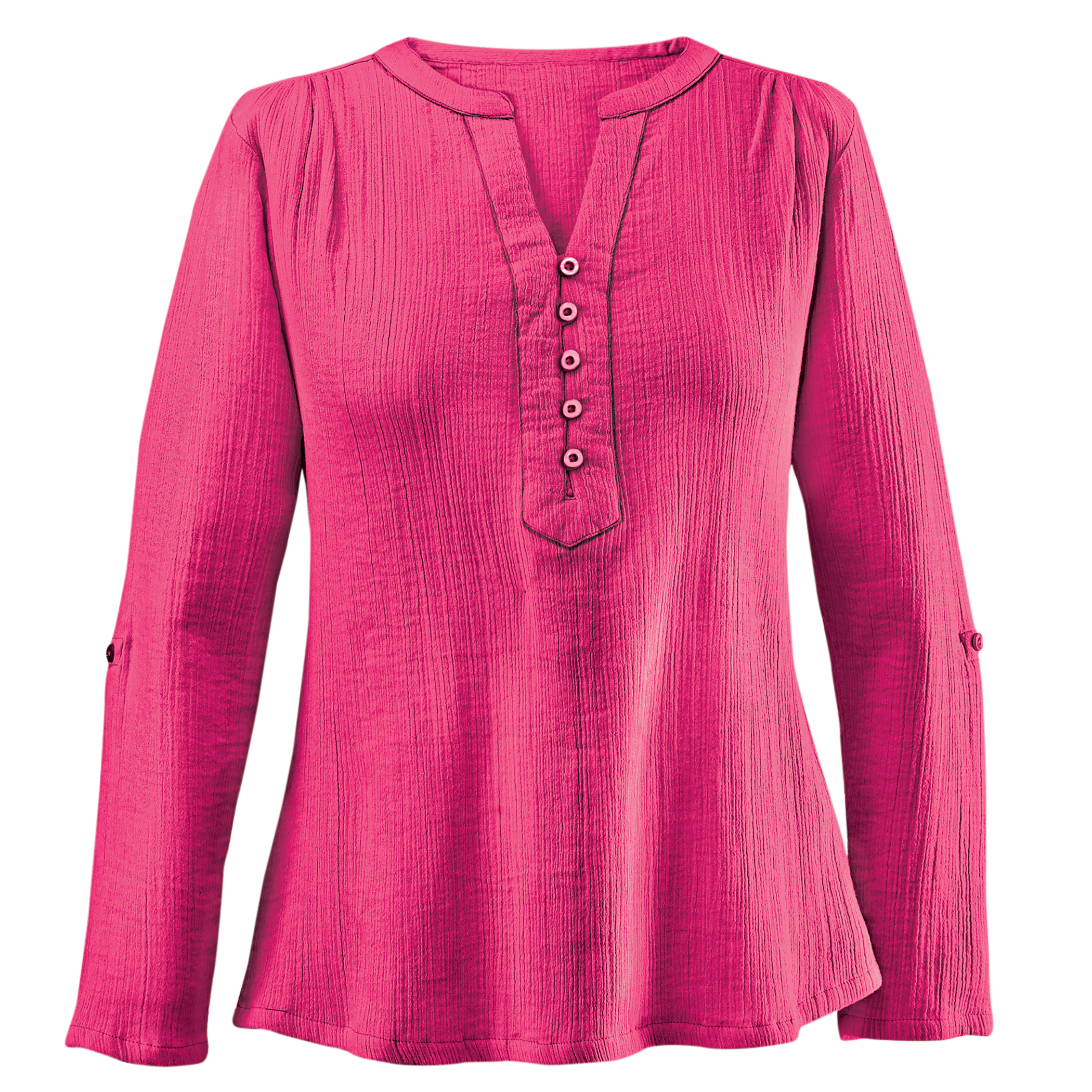 Women's Stylish V-Neck Roll Tab Sleeves Gauze Top Raspberry Medium