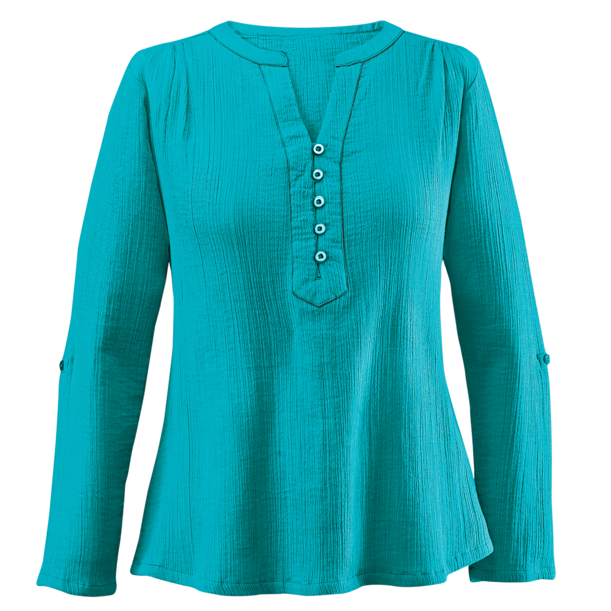 Stylish V-Neck Roll Tab Sleeves Gauze Top Large Royal Blue