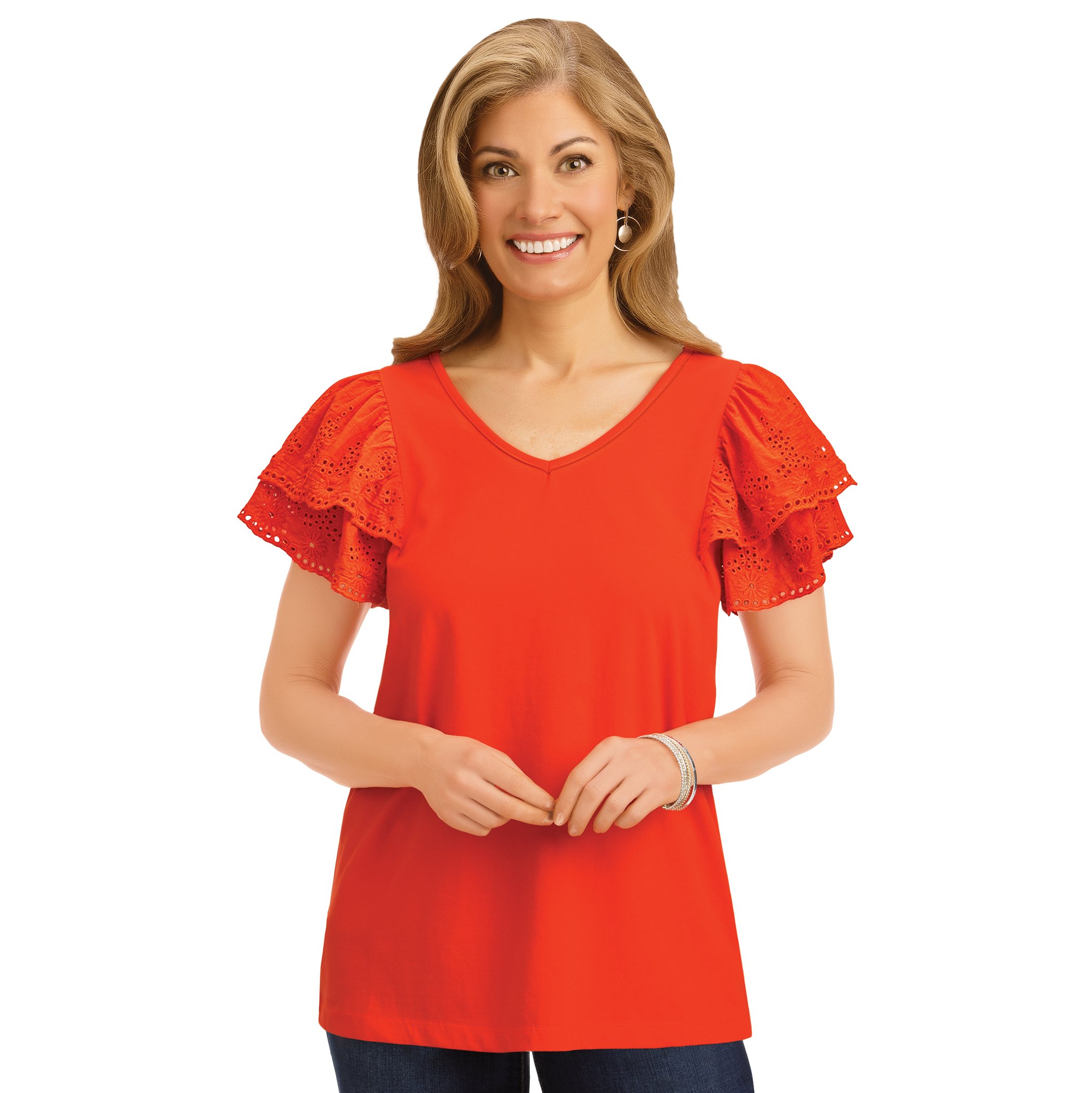 Stylish Double Flutter Sleeve V-Neck Top XX-Large Coral