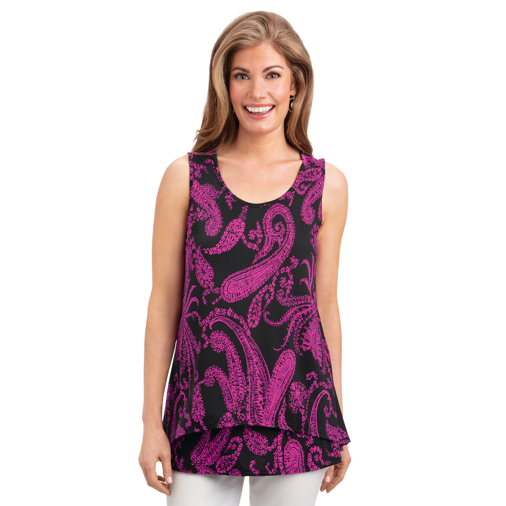 Women's Flattering Double Tier Paisley Knit Sleeveless Top Magenta Large