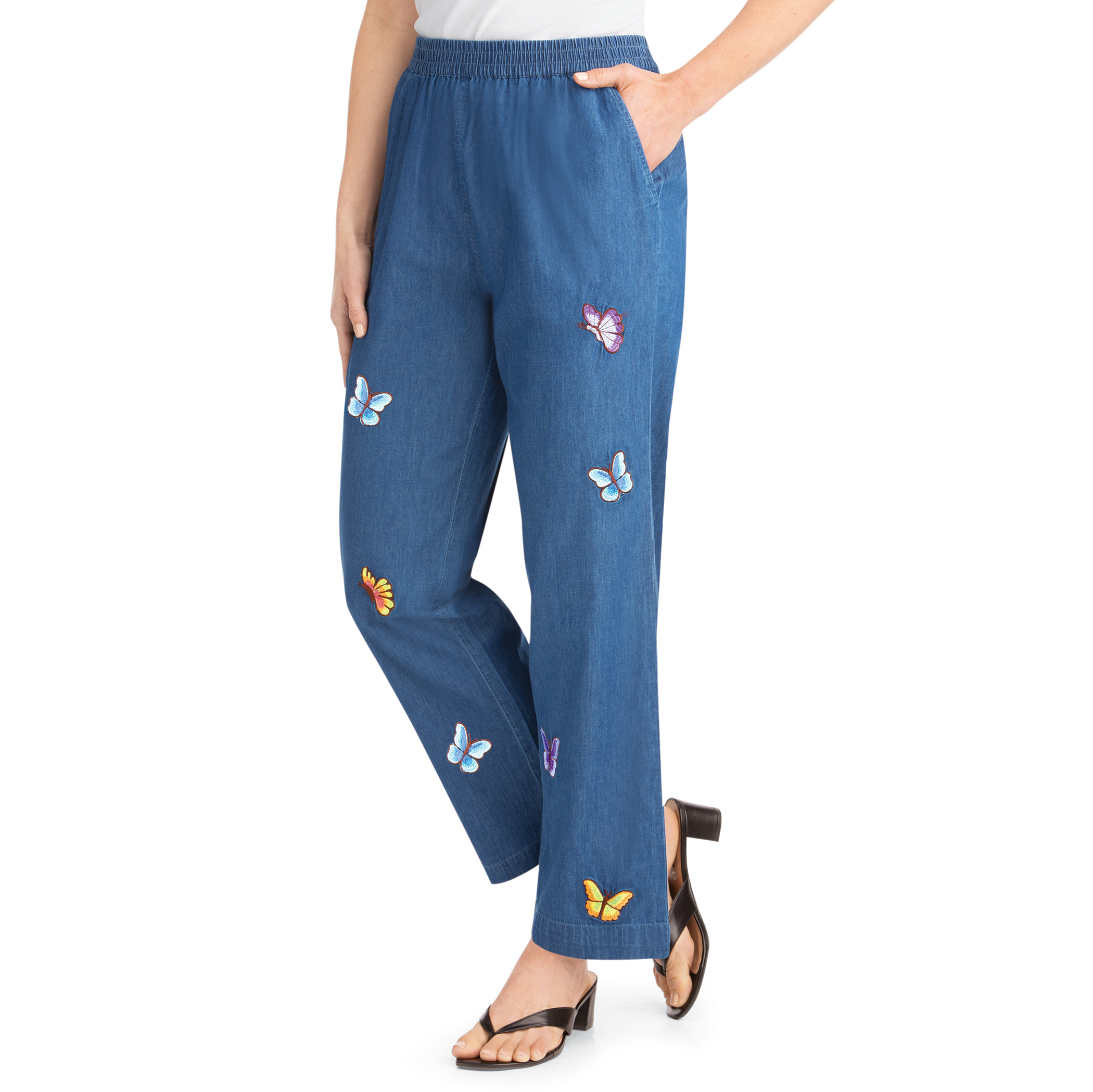 Embroidered Butterfly Applique Pull-On Pocket Pants with Elasticized Waist