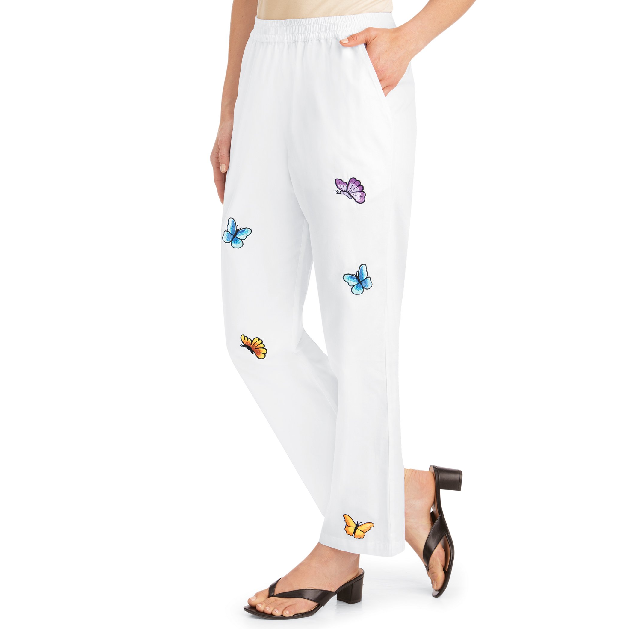 Embroidered Butterfly Applique Pull-On Pocket Pants with Elasticized Waist XX-Large White