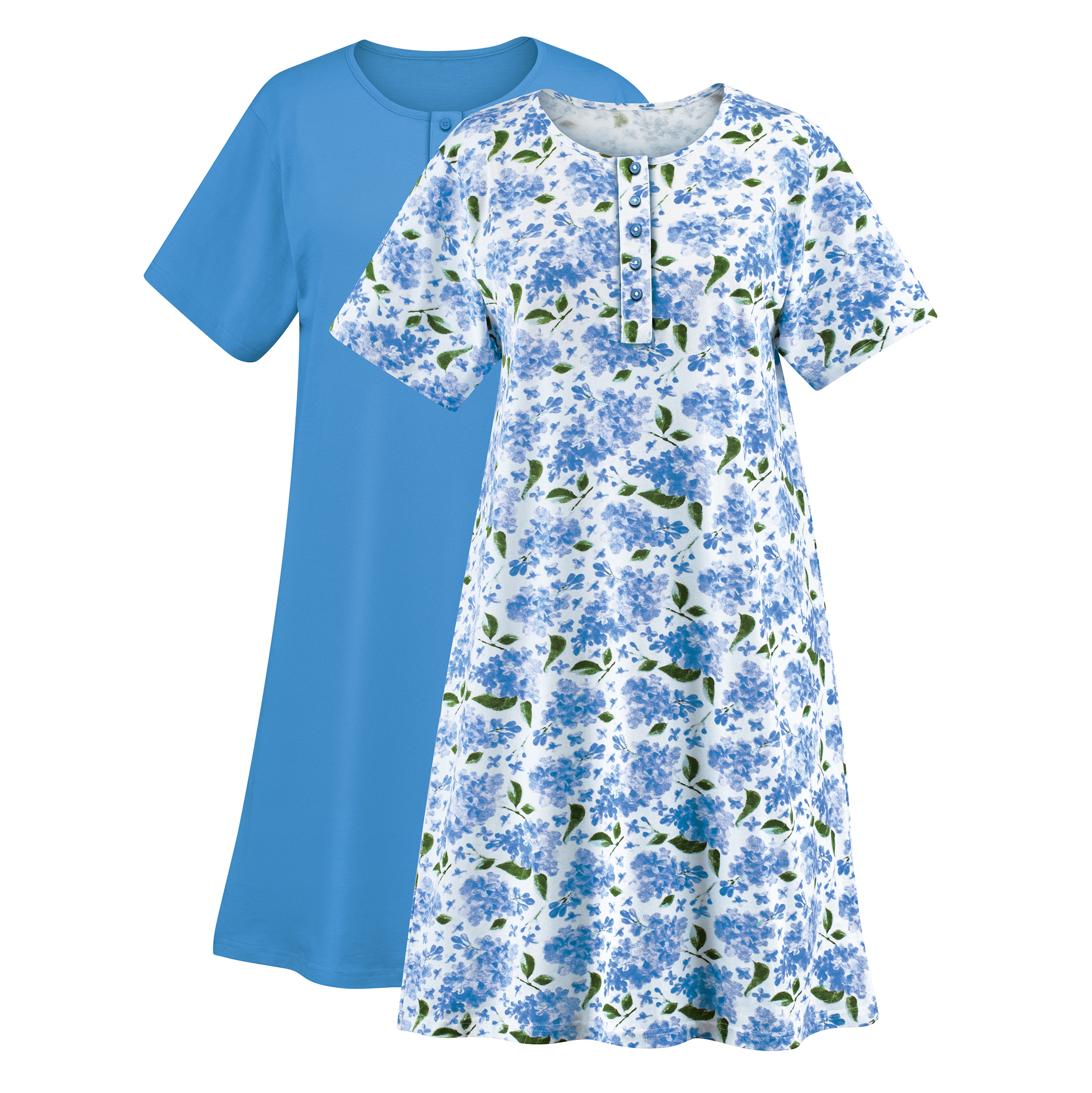 Women's 2-Pack Comfortable Printed Henley-Style Short Sleeve Nightgown Blue Medium