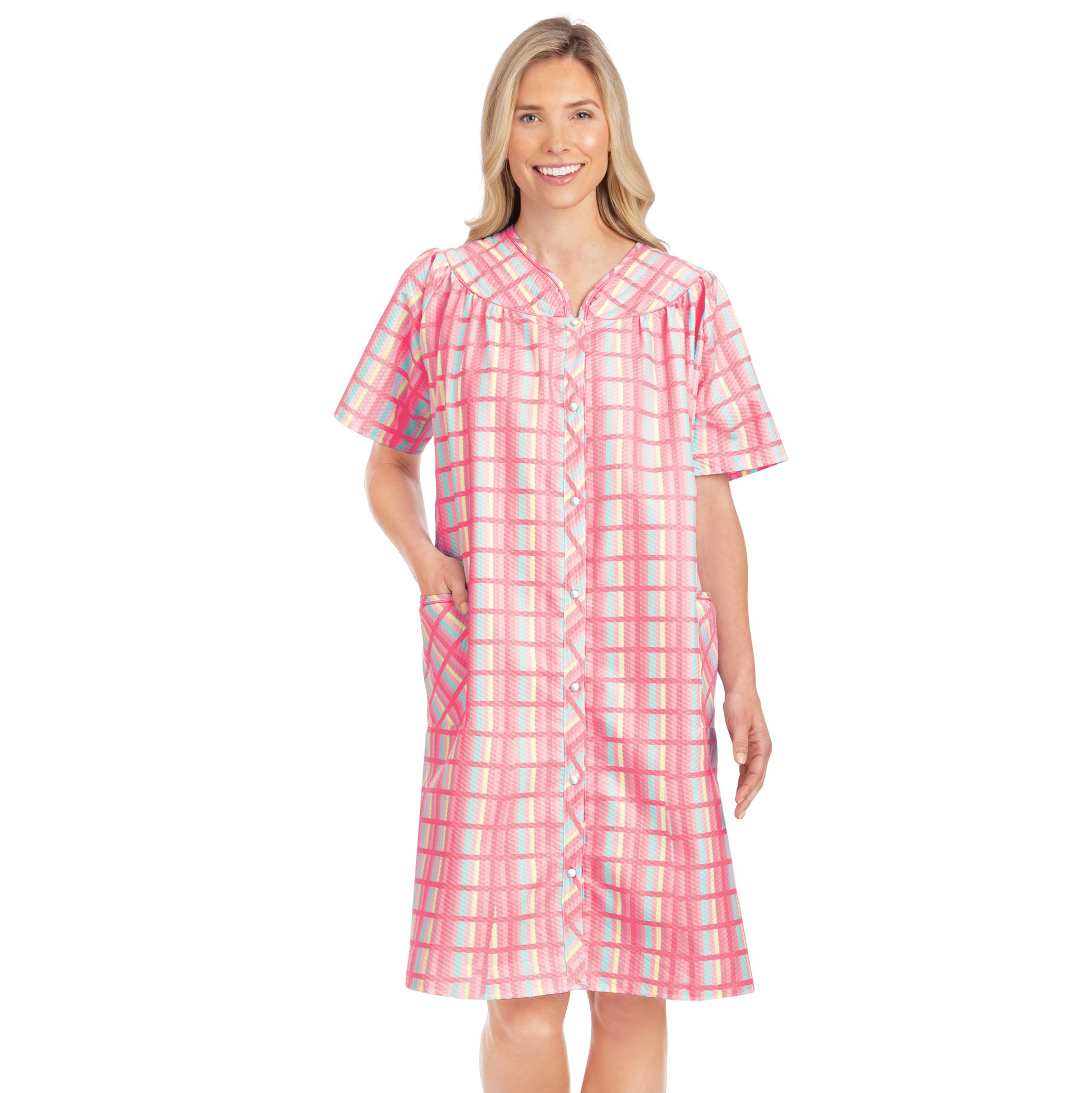 Women's Comfortable Plaid Snap Front Short Sleeve Robe Pink XX-Large