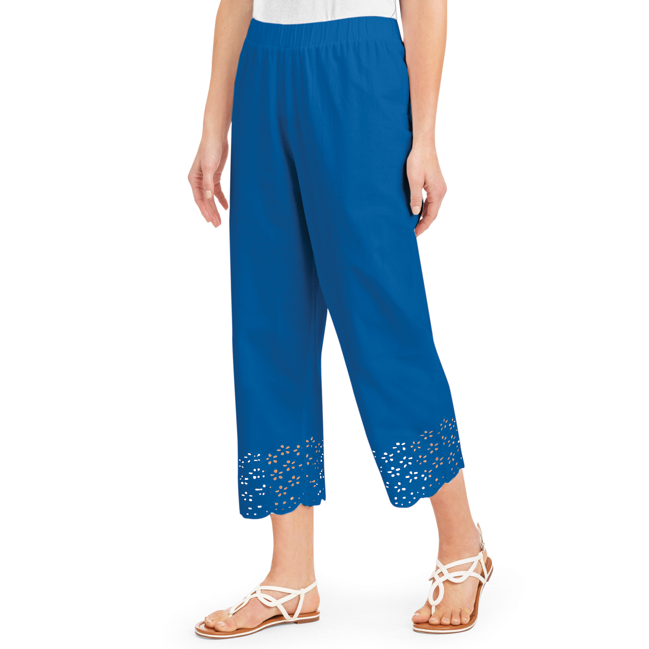 Women's Eyelet Border Embroidered Scalloped Detail Capris Navy Large