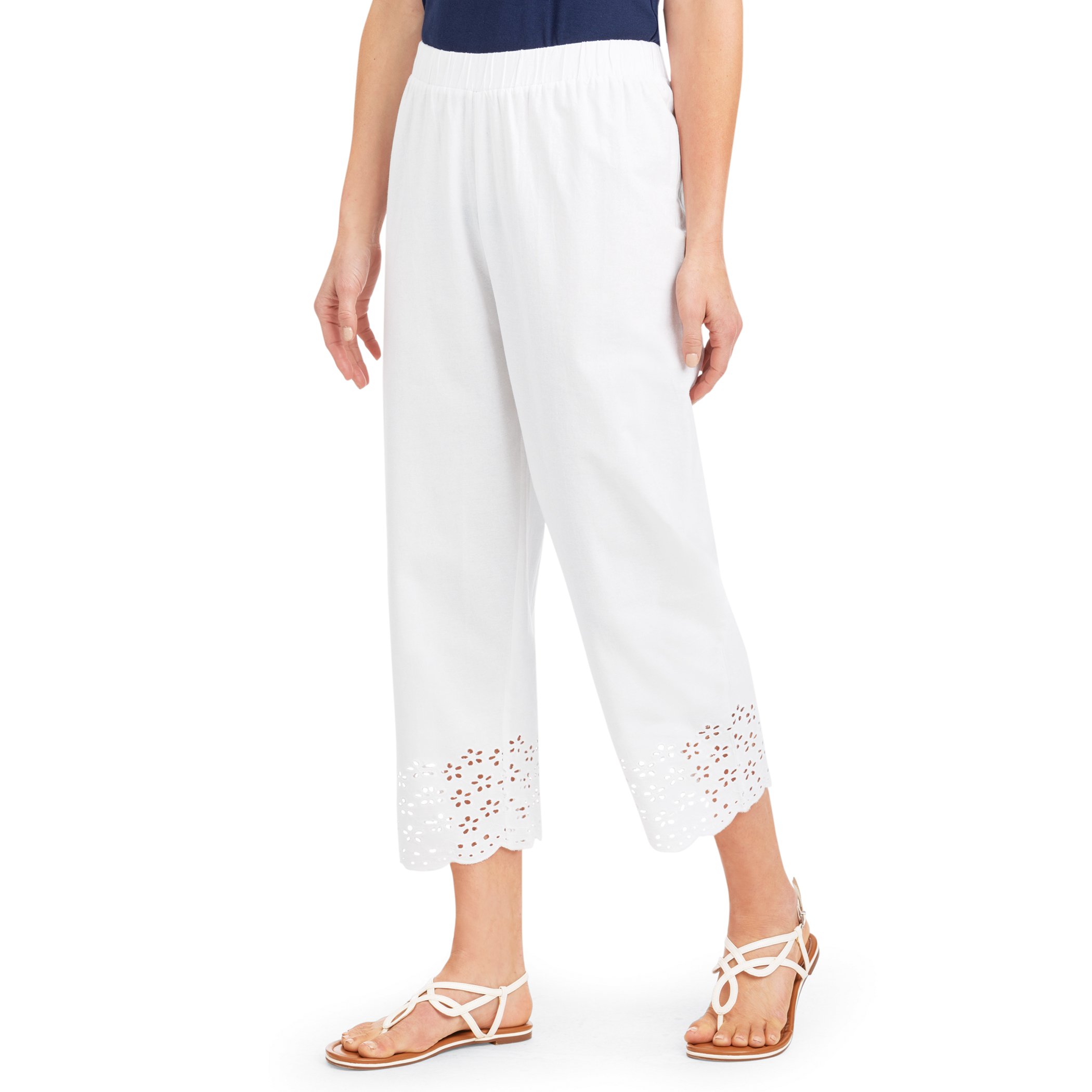 Eyelet Border Embroidered Scalloped Detail Capris Large Navy