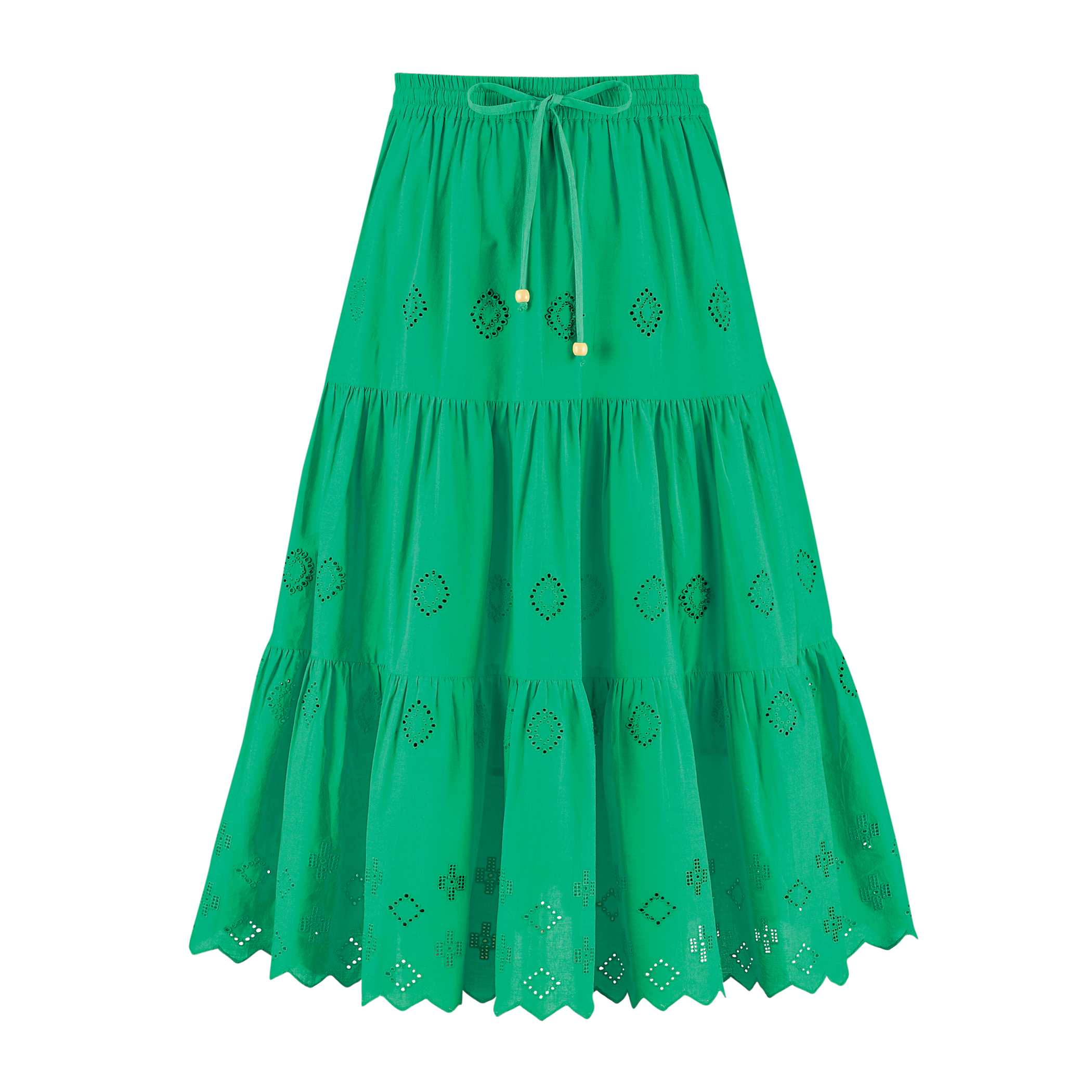 Women's Tiered Eyelet Detail Scalloped Border Hem Elasticized Waist Skirt Jade Large