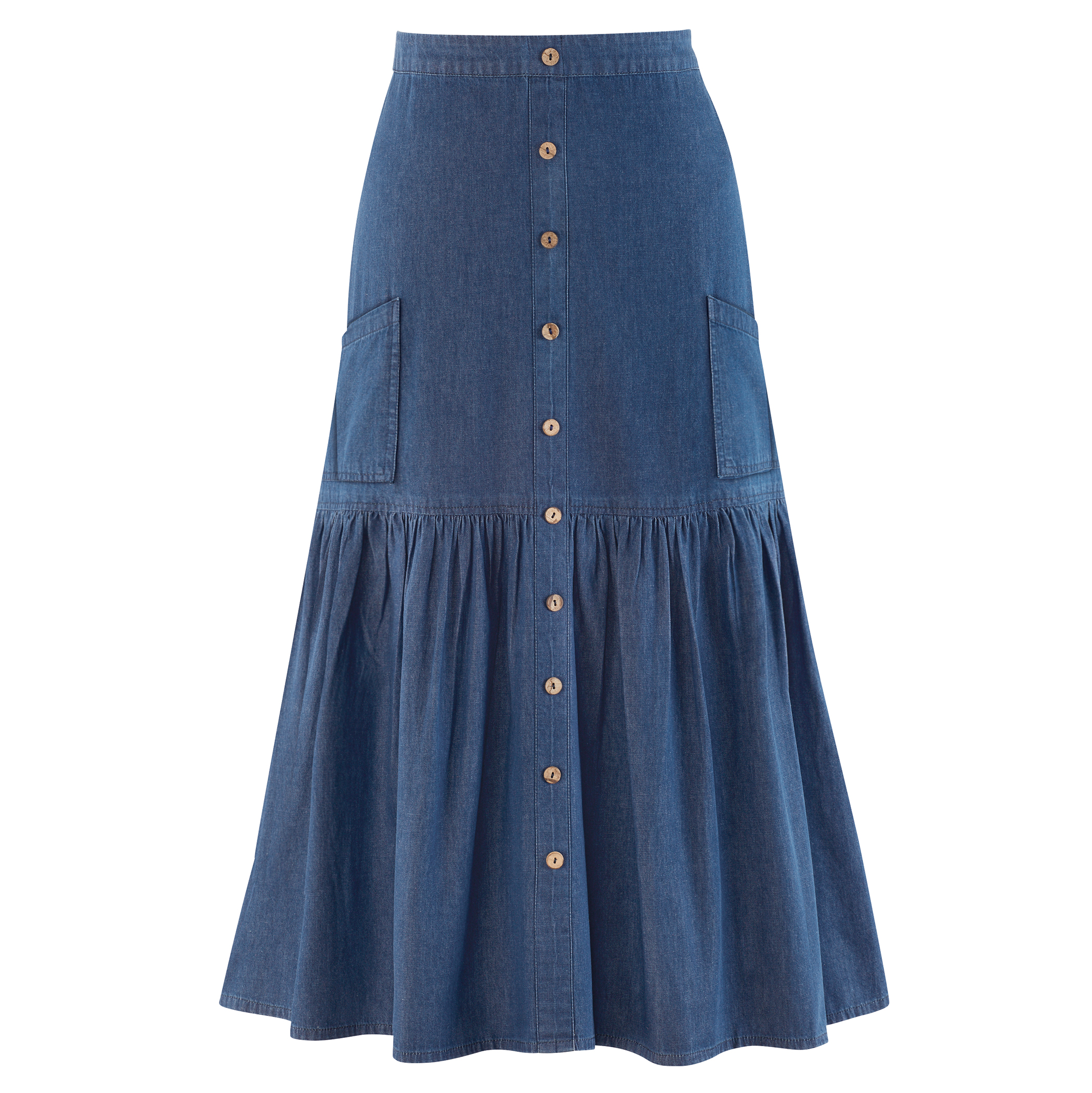 Stylish Full Flounce Hem Denim Skirt with Patch Pockets Large Indigo