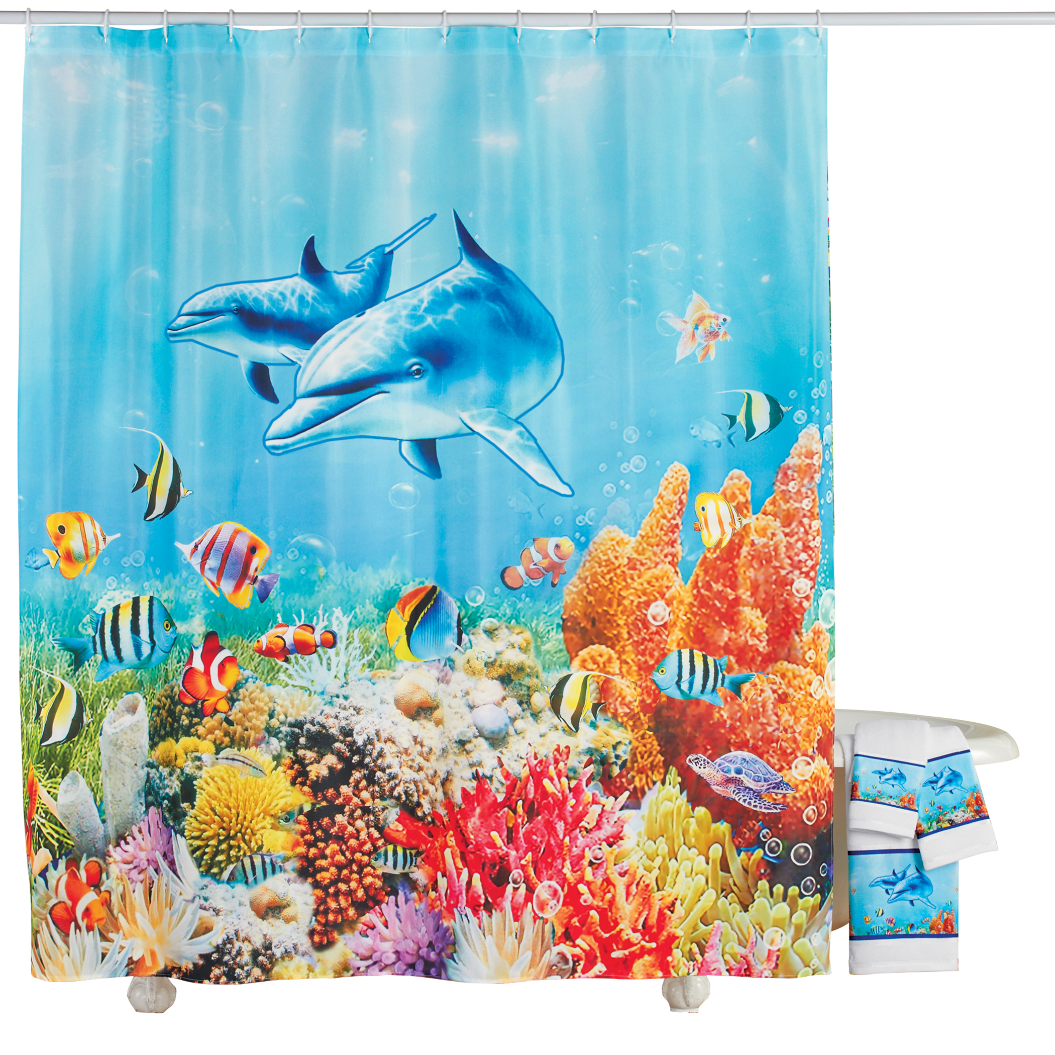 Dolphins and Tropical Fish Shower Curtain with Hooks