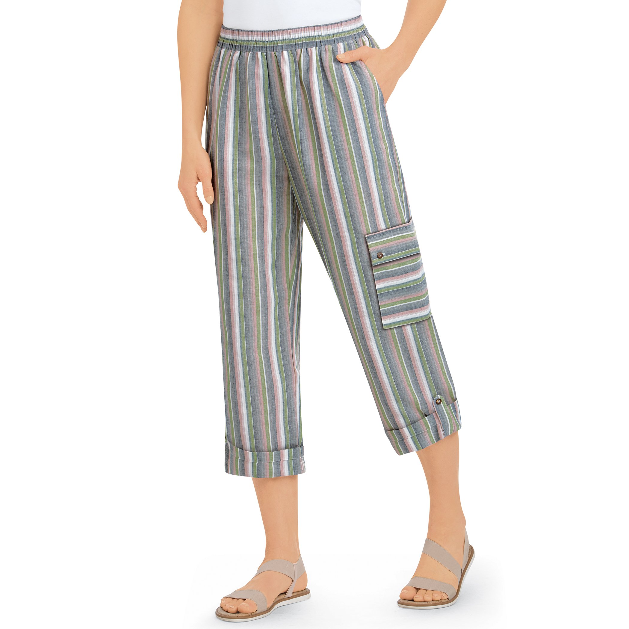 Striped Cargo Cuffed Hem with Button Tab Elasticized Waist Capris Large Black Multi