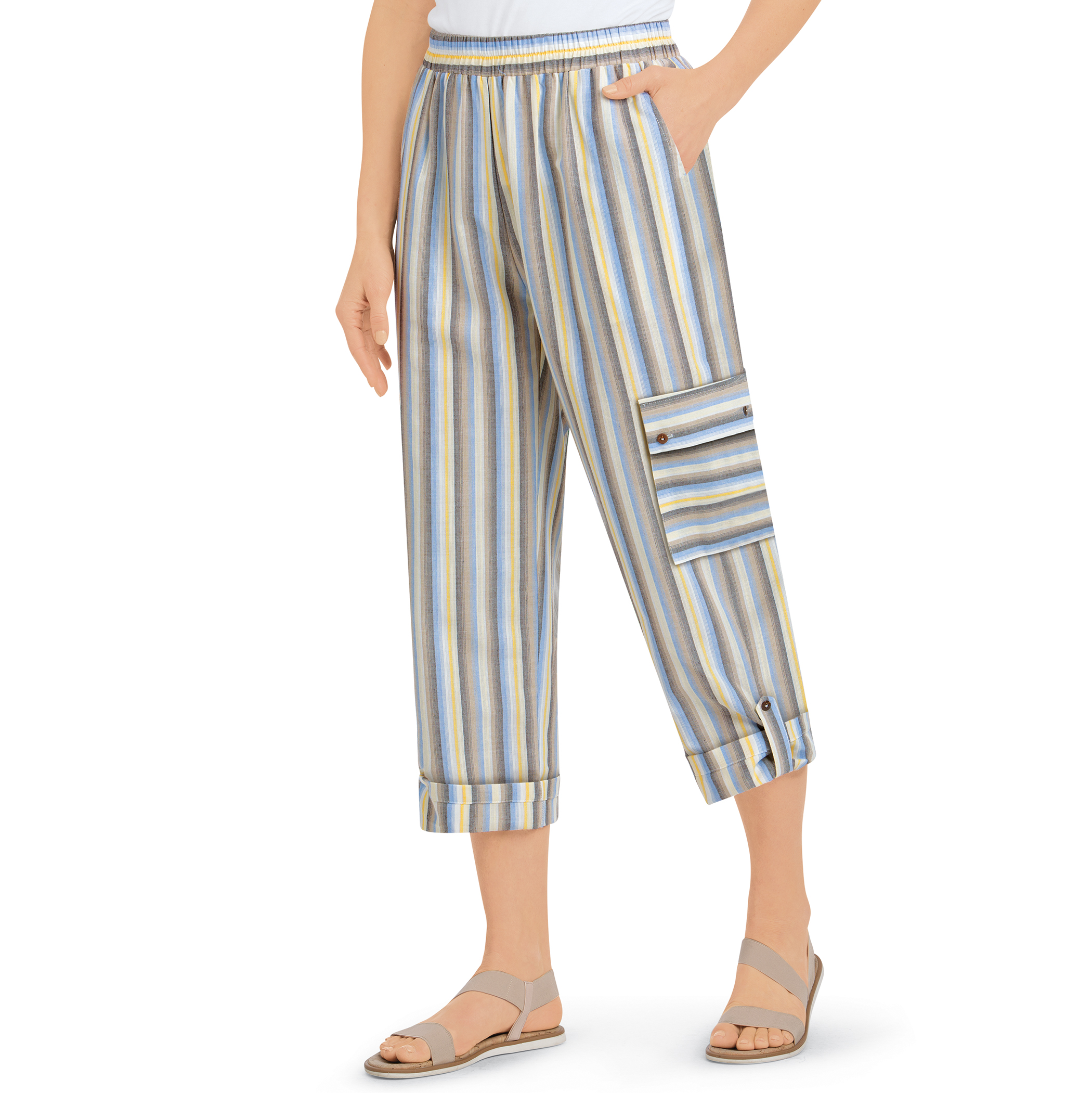 Women's Striped Cargo Cuffed Hem with Button Tab Elasticized Waist Capris Khaki Multi XX-Large