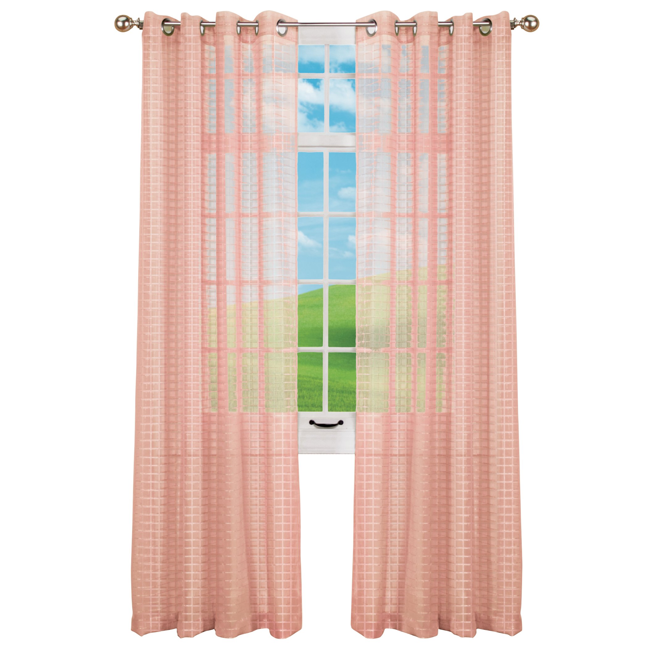 Montauk Woven Check Sheer Grommet Top Curtain Panel 53"x84" Blush, 53"x84"