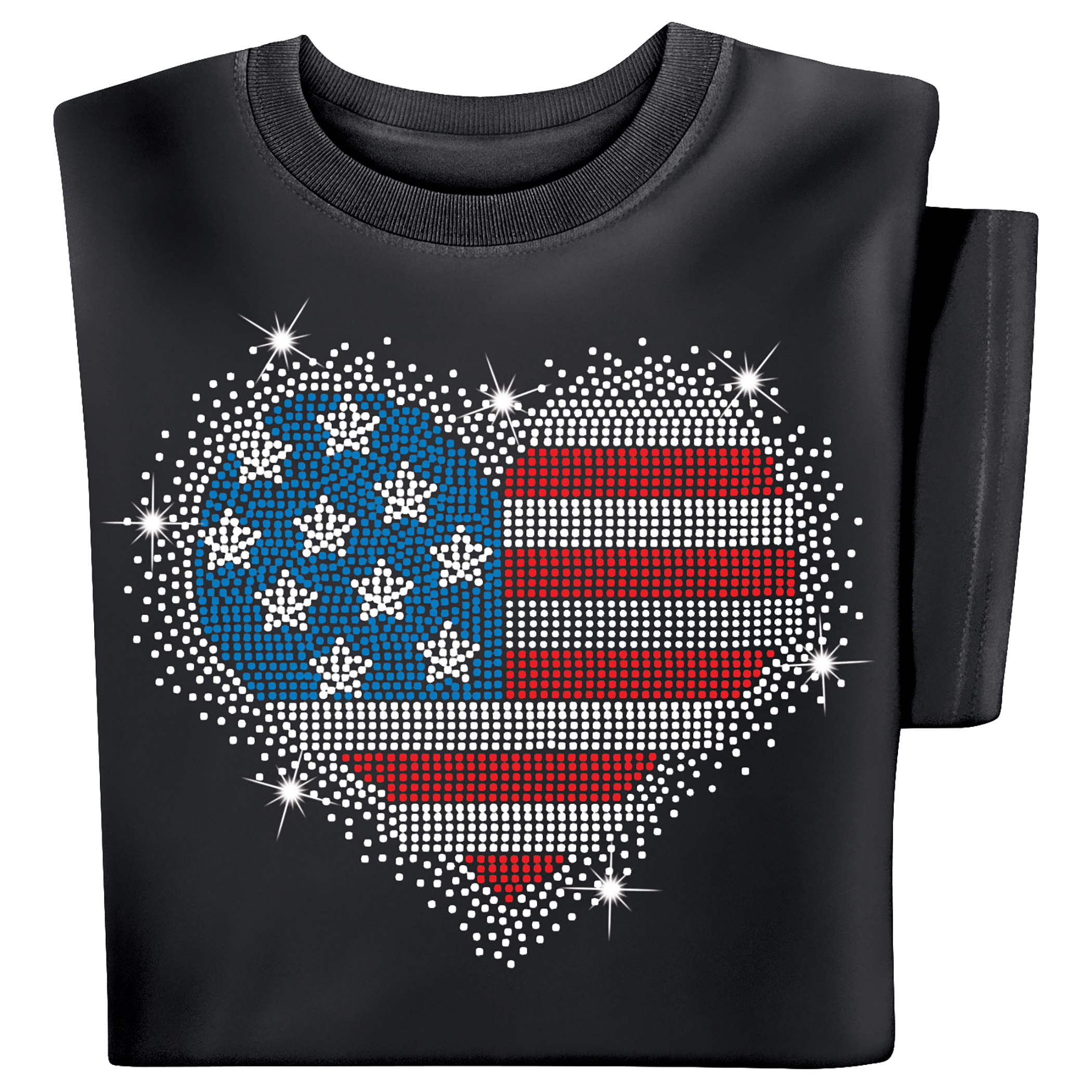 Patriotic USA Flag Heart Rhinestone Short Sleeve T-Shirt Large Black