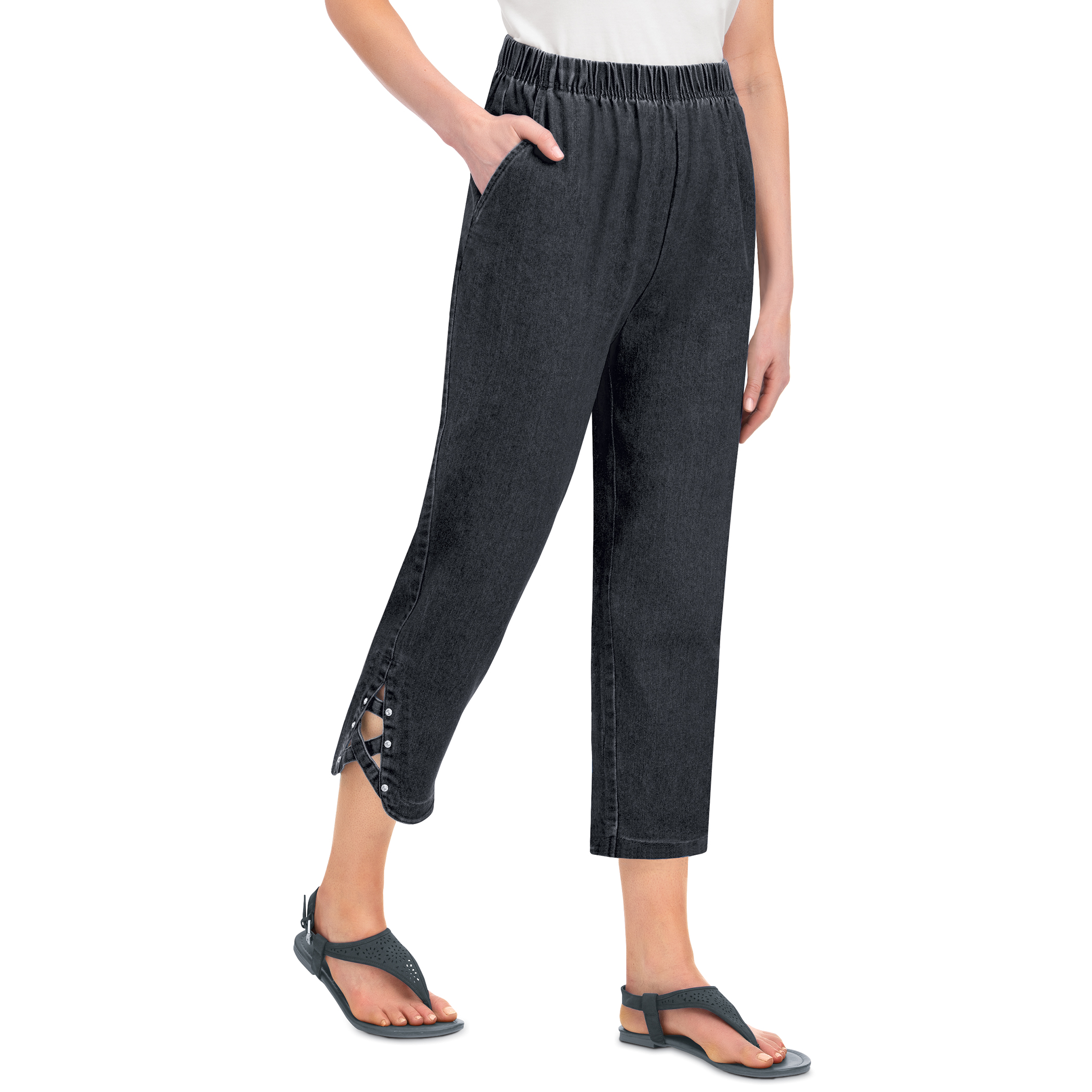 Women's Criss-Cross Sparkling Buttons Decorated Denim Capri Pants Black Denim Large