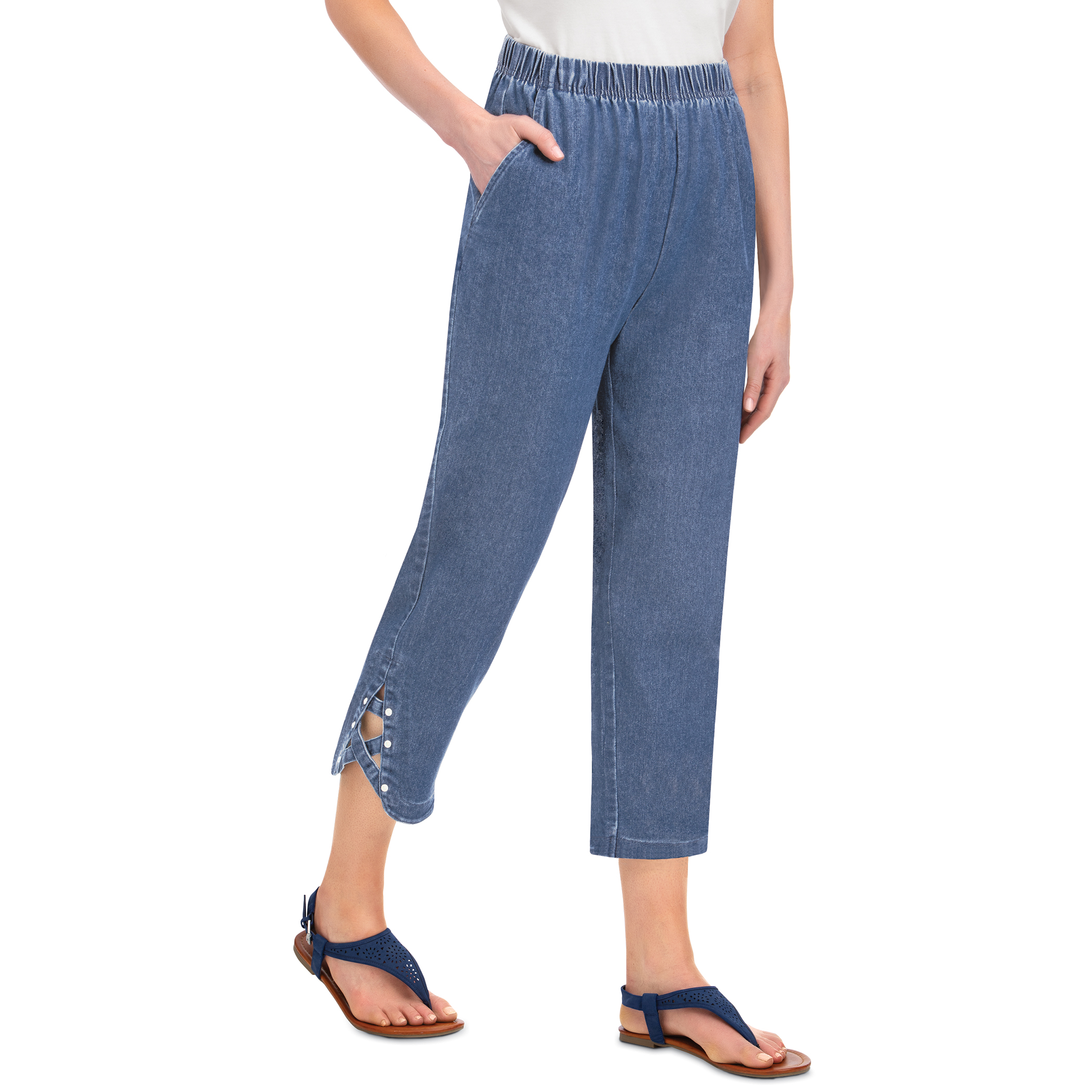 Criss-Cross Sparkling Buttons Decorated Denim Capri Pants Large Black Denim