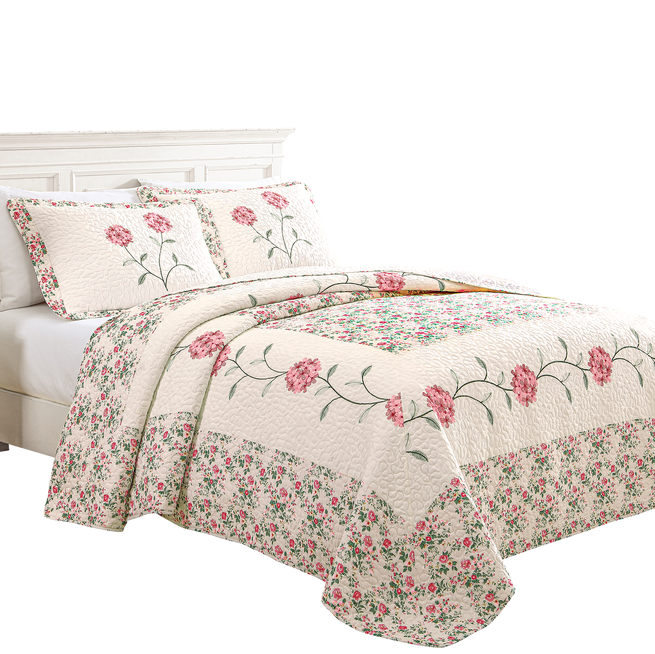 Embroidered Carnation Design Quilted Bedspread King Gender Neutral Rose