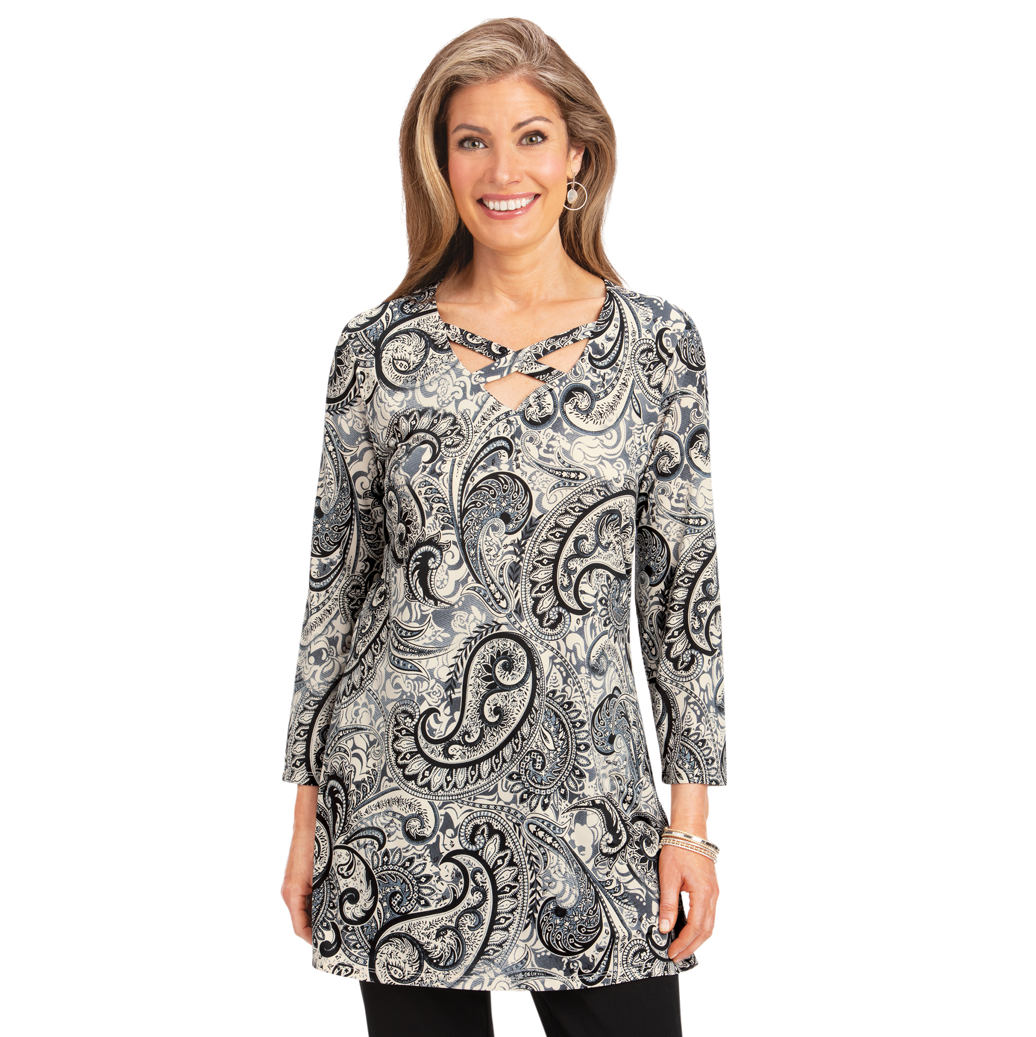 Lovely Paisley Print V-Neck 3/4 Length Sleeve Tunic