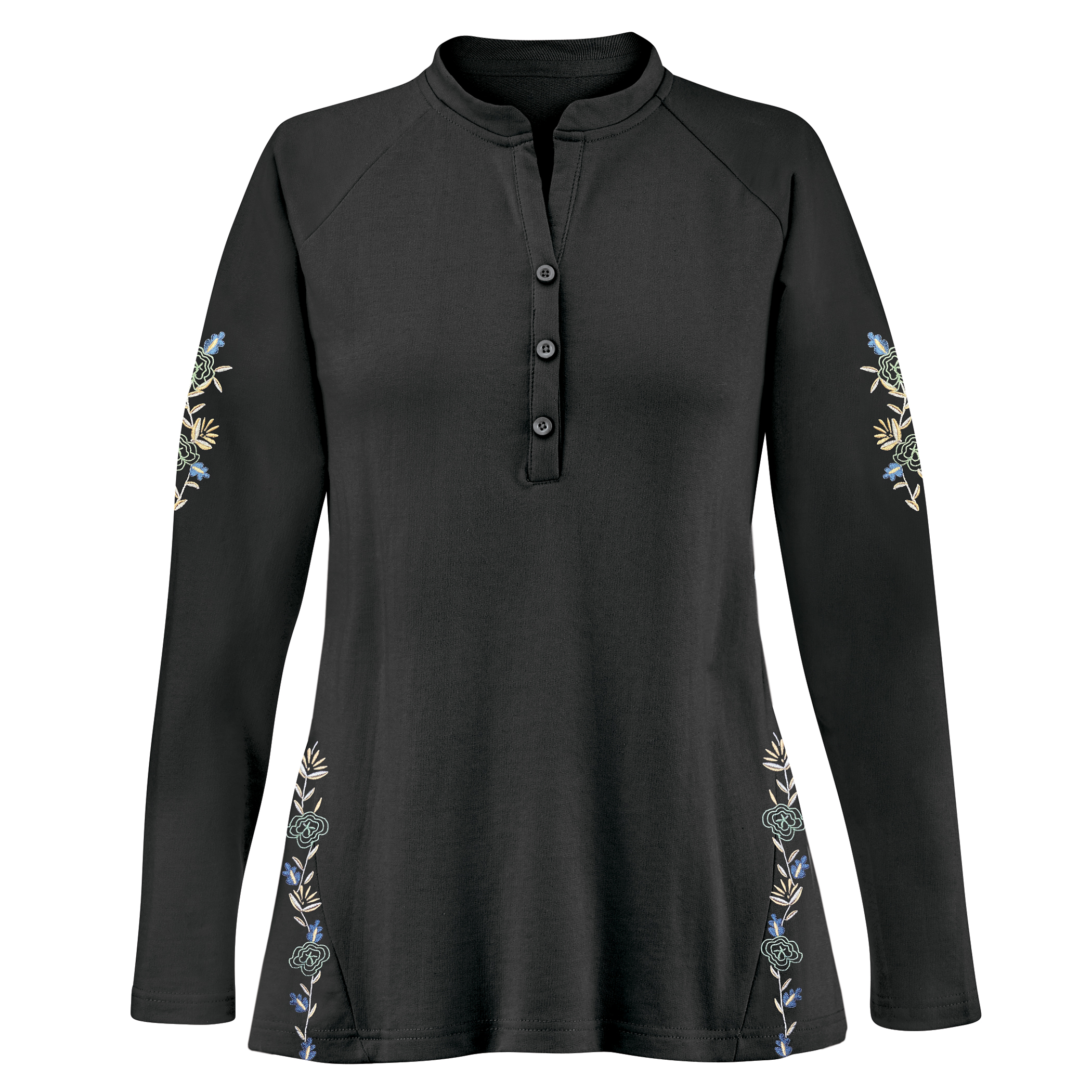 Floral Embroidery Buttoned V-Neck Long Sleeve Henley Top
