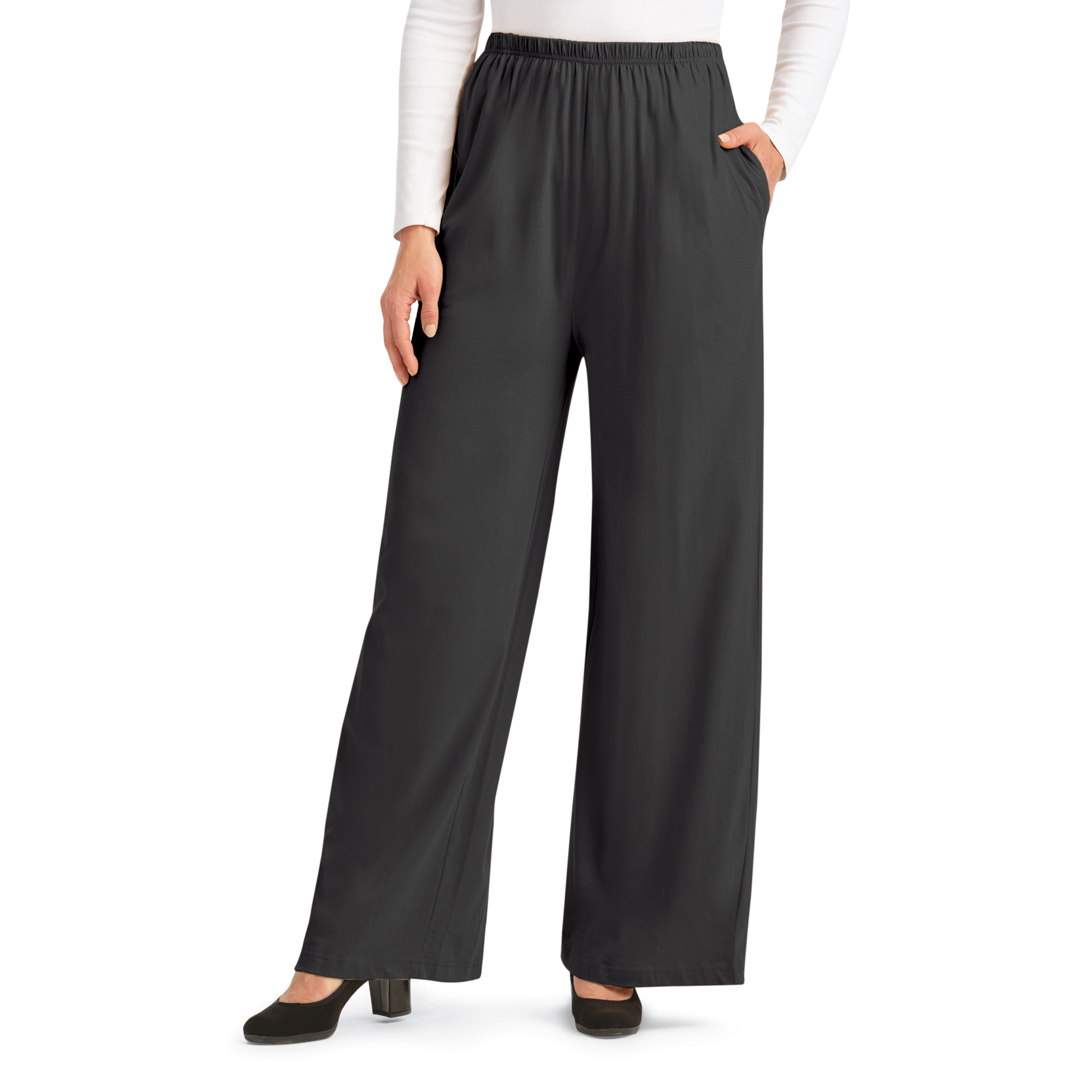 Women's Wide Leg Elasticized Waist Knit Pants with Side Pockets Black Medium